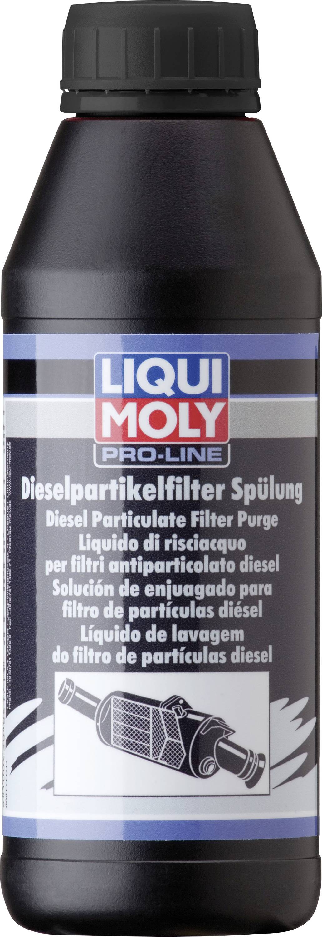 Eine Flasche 'Liqui Moly Pro-Line Dieselfilter Spülung', zur Reinigung von Dieselpartikelfiltern, schwarze Verpackung mit blauem Label.