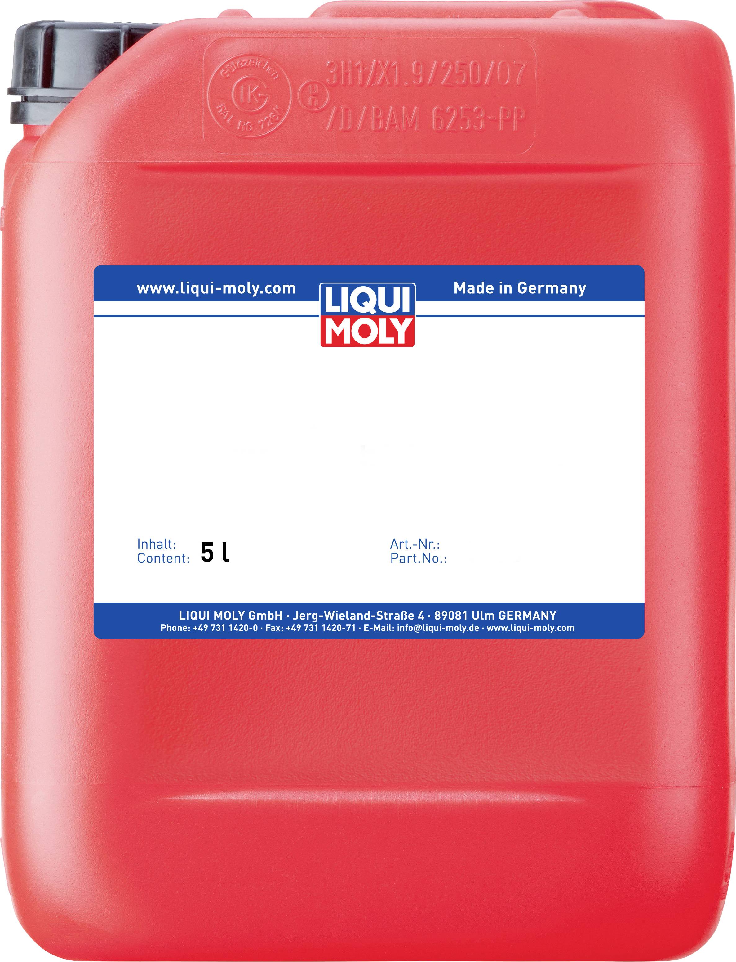 Roter Fünf-Liter-Kanister von Liqui Moly, hergestellt in Deutschland.