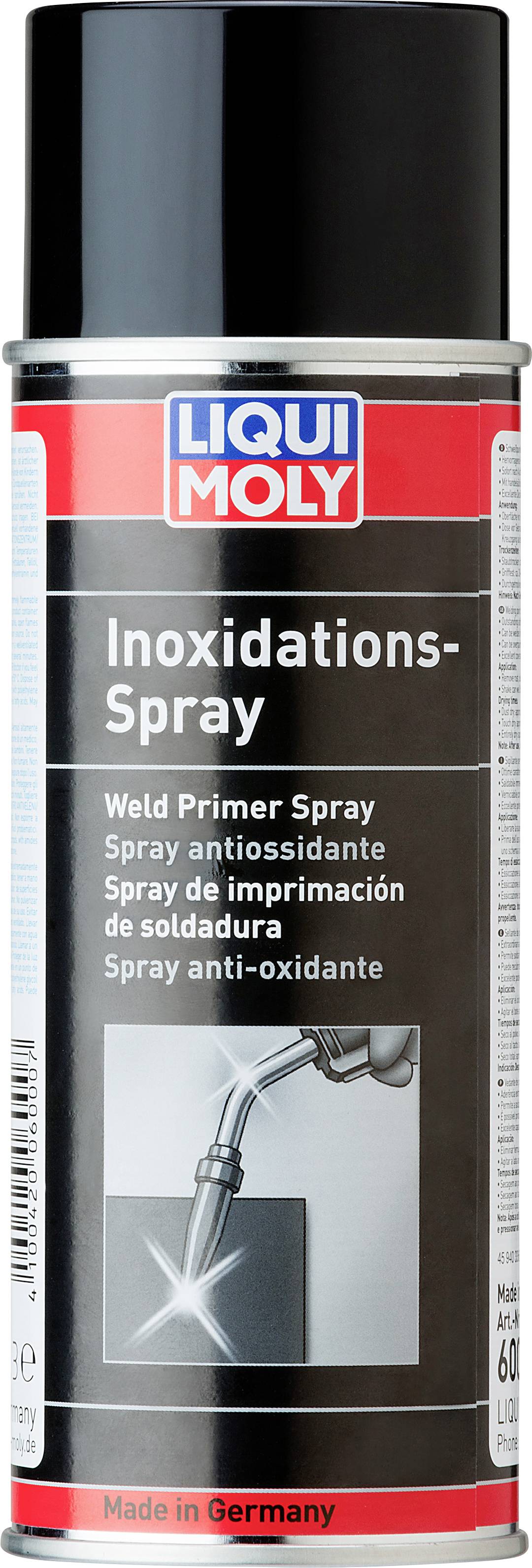 Eine Dose 'LIQUI MOLY Inoxidations-Spray' mit schwarzem Deckel und mehrsprachiger Produktbeschreibung; hergestellt in Deutschland.