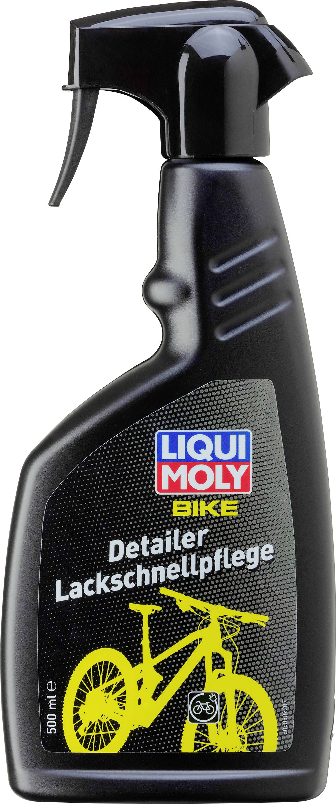'LIQUI MOLY Bike Detailer Lackschnellpflege' Sprayflasche, 500 ml, mit gelbem Fahrrad-Symbol auf schwarzem Hintergrund.