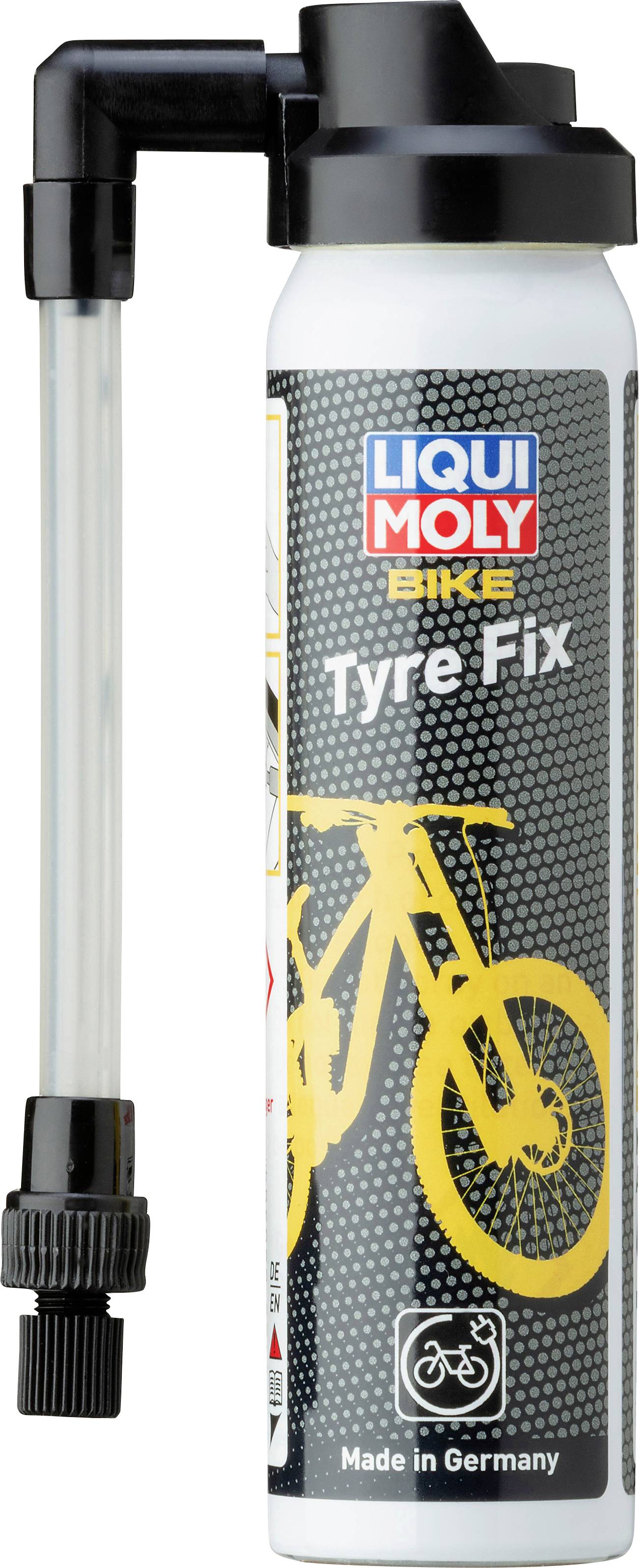 Spraydose mit der Aufschrift 'Liqui Moly Bike Tyre Fix', zeigt ein Fahrradsymbol. Produkt zur Reparatur von Fahrradreifen, hergestellt in Deutschland.