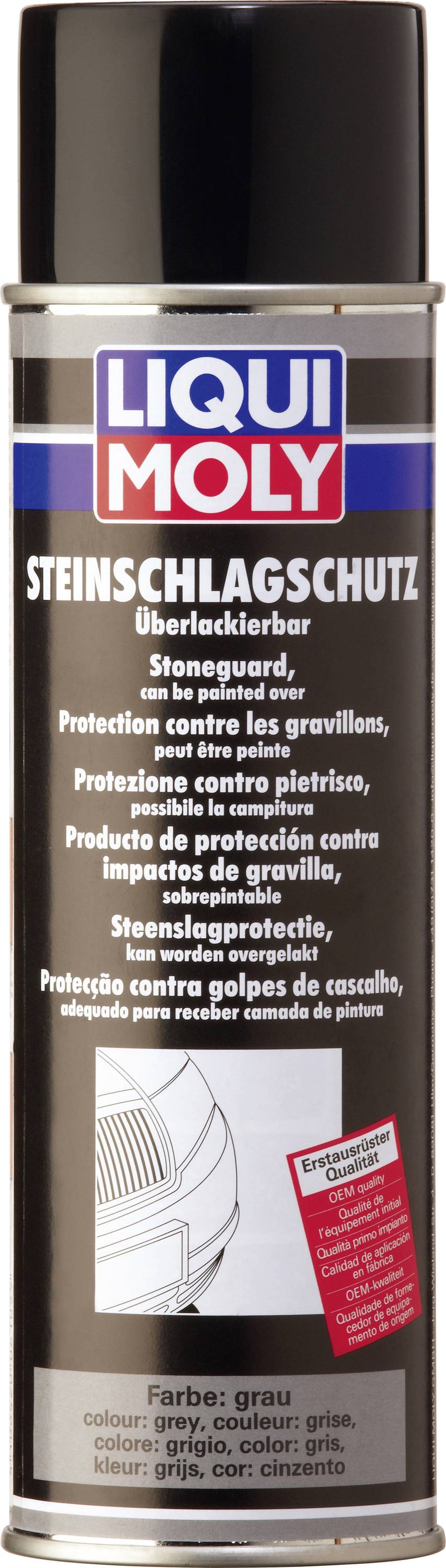 Dose mit LIQUI MOLY Steinschlagschutzspray, überlackierbar, in mehreren Sprachen beschrieben. Farbe: grau.