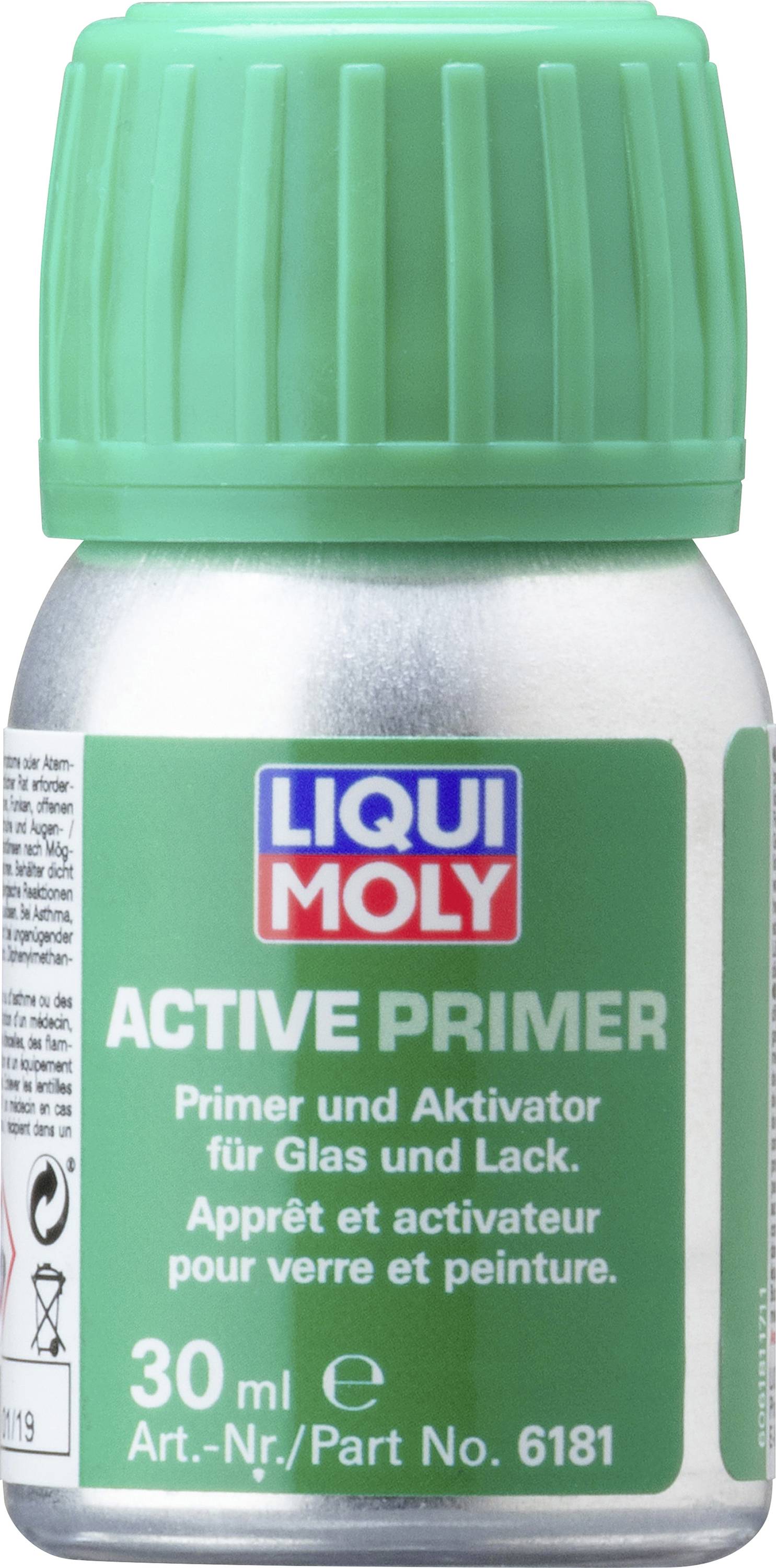 Flasche mit grünem Deckel, darauf steht 'Liqui Moly Active Primer' für Glas und Lack, 30 ml Inhalt, Artikelnummer 6181.