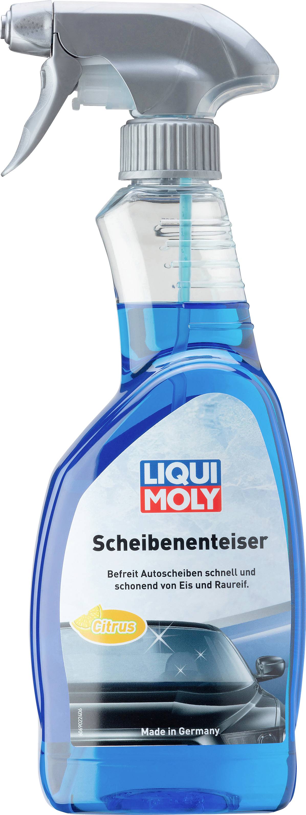 Blauer Sprayflasche mit der Aufschrift 'LIQUI MOLY Scheibenenteiser'. Entfernt schnell Eis und Raureif, Zitrusduft, hergestellt in Deutschland.