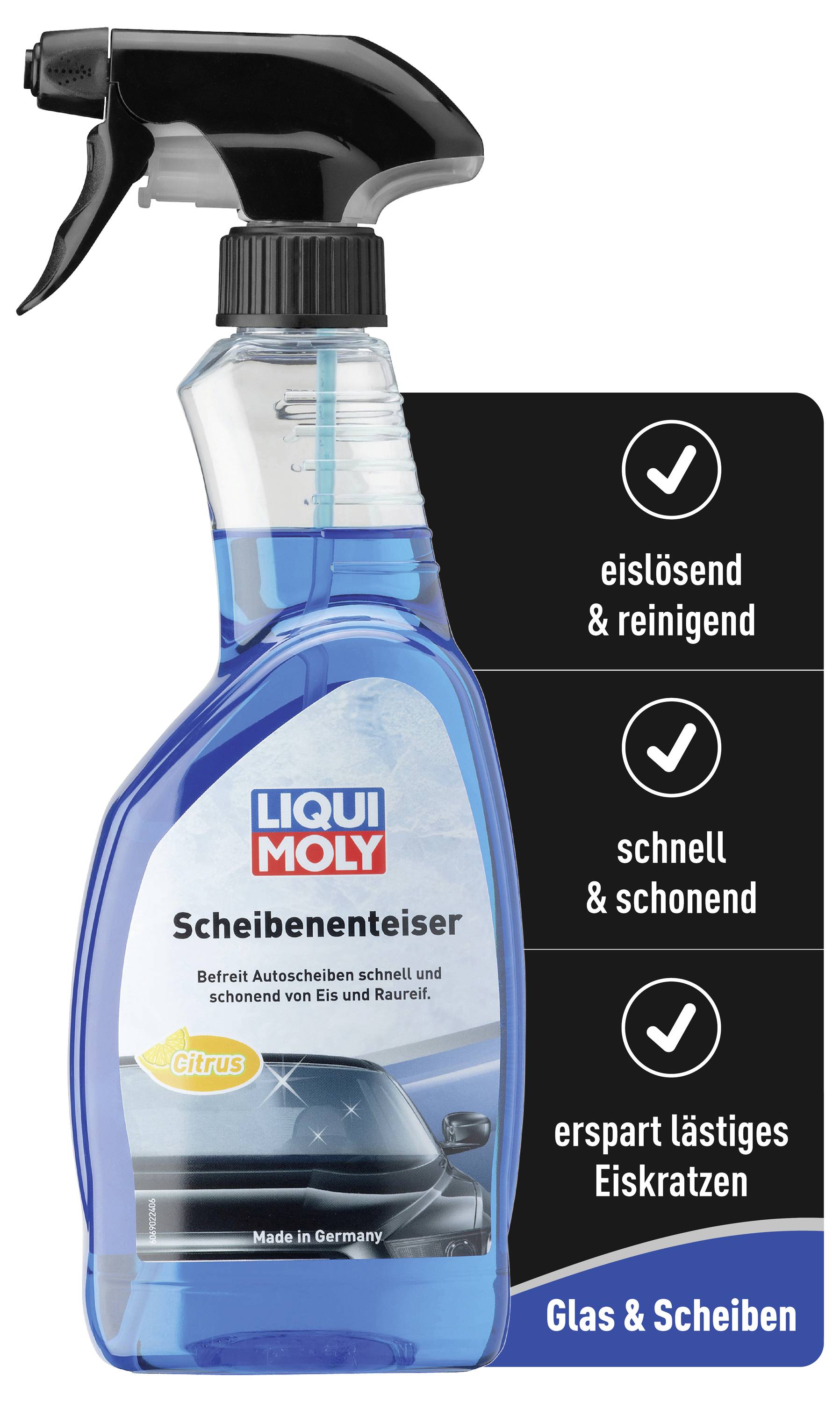 Flasche Liqui Moly Scheibenenteiser, eislösend und reinigend, schnell und schonend, erspart lästiges Eiskratzen, für Glas & Scheiben.