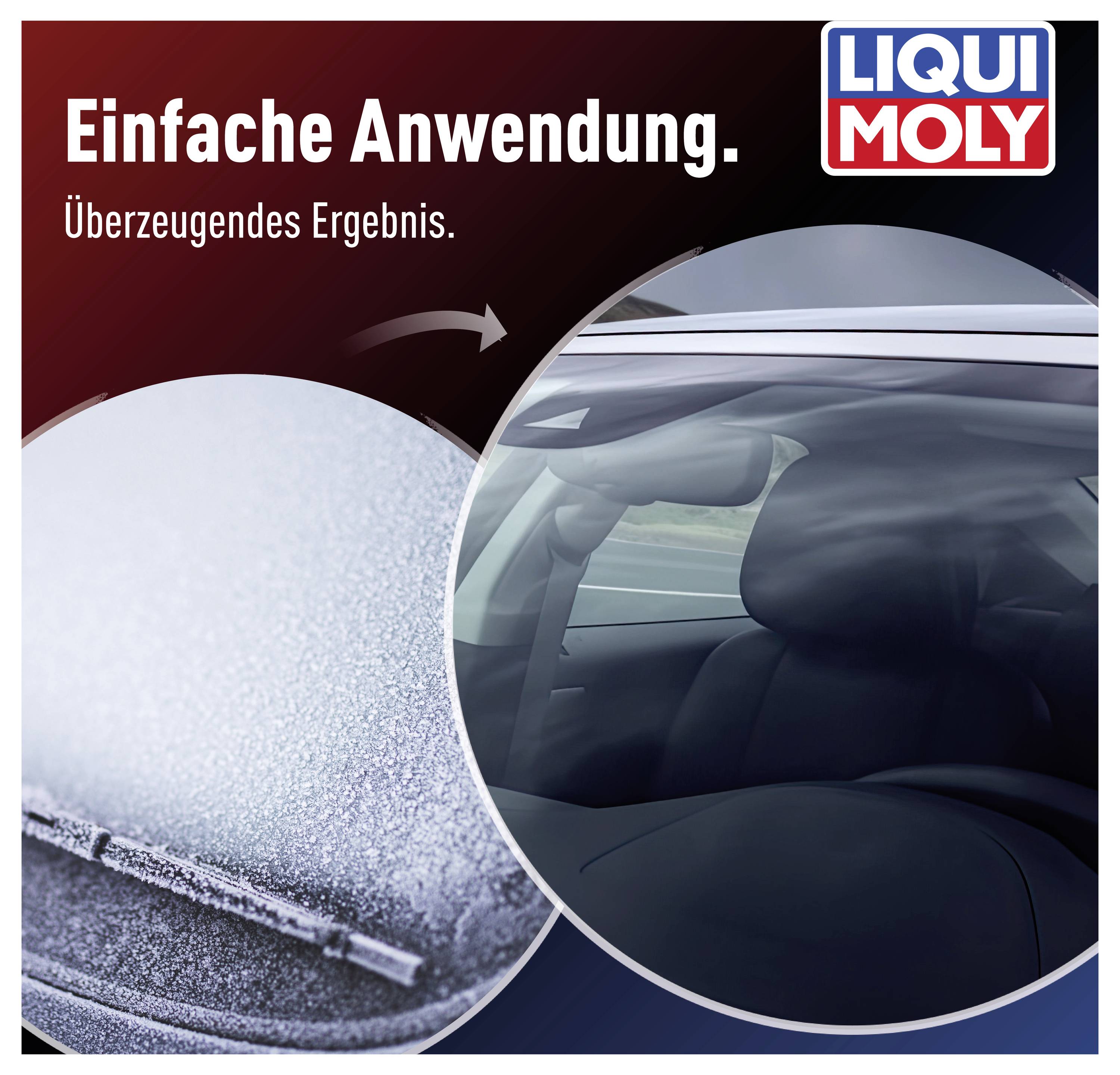 'Einfacher Auftrag.' zeigt zwei Auto-Szenarien. Ein Fenster ist neblig, das andere klar. Text: 'Überzeugendes Ergebnis.' Markenname oben rechts.