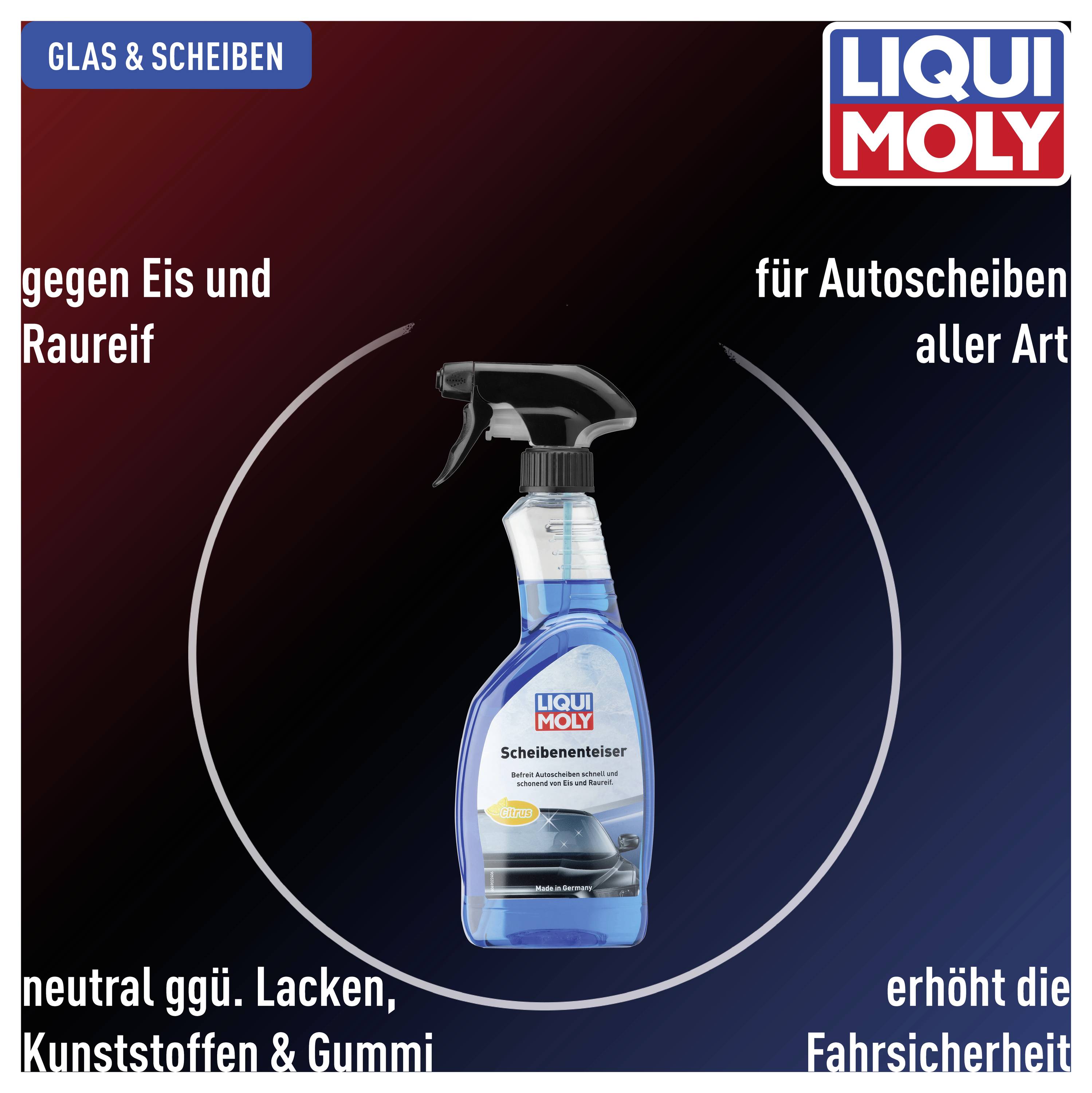 Das Bild zeigt eine Flasche Liqui Moly Scheibenenteiser für Autoscheiben. Es verhindert Vereisung und ist schonend zu Lack, Kunststoffen und Gummi.