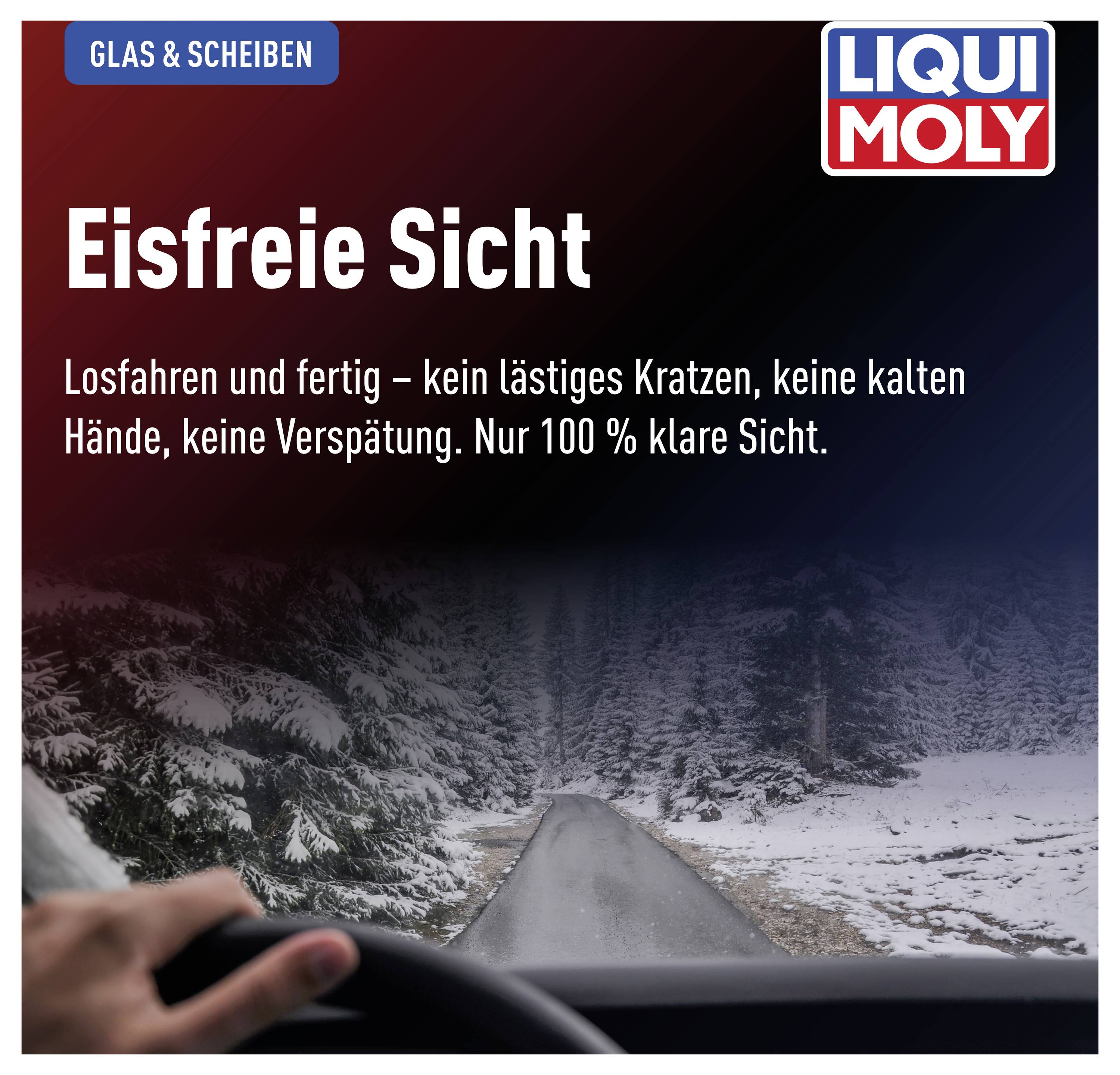 Eine winterliche Straße mit Schneelandschaft, gesehen durch eine windschutzfreie Autoscheibe. Text: 'Eisfreie Sicht' von Liqui Moly.