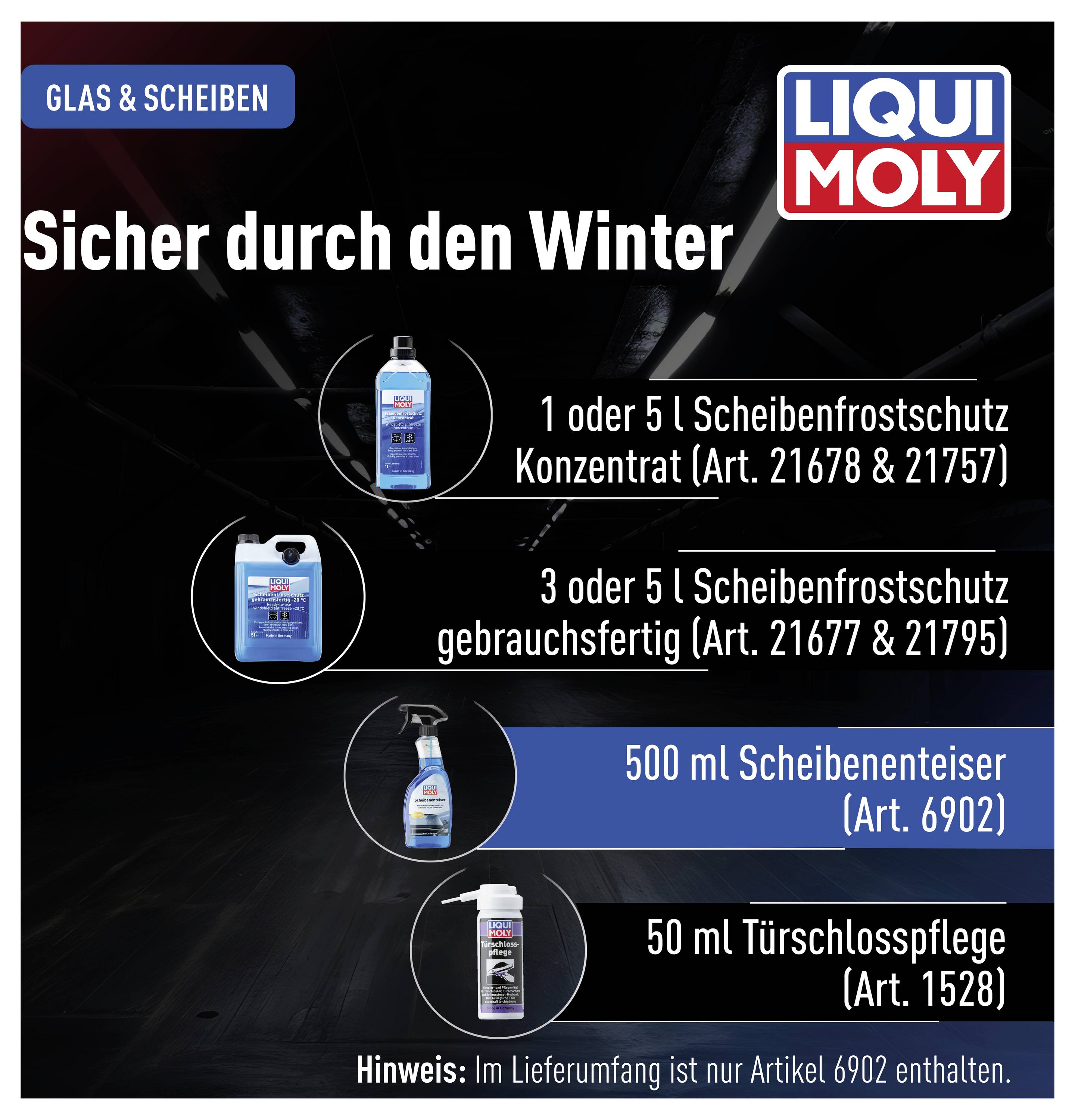 'LIQUI MOLY' Produkte für den Winter: Scheibenfrostschutz in verschiedenen Größen, Scheibenenteiser 500 ml, Türschloss-Pflege 50 ml.