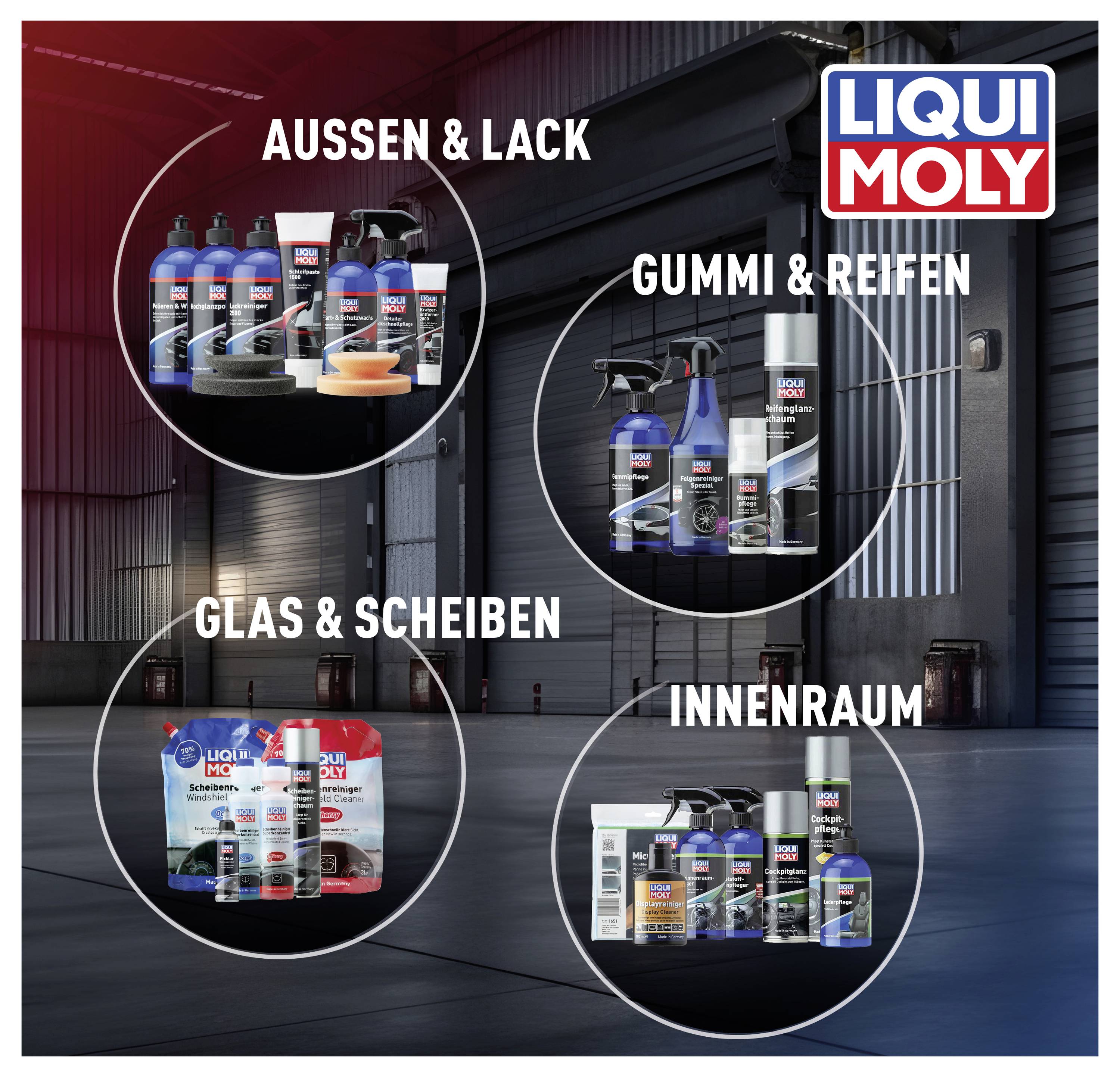Verschiedene LIQUI MOLY Autopflegeprodukte in vier Kategorien: Außen & Lack, Gummi & Reifen, Glas & Scheiben, Innenraum.