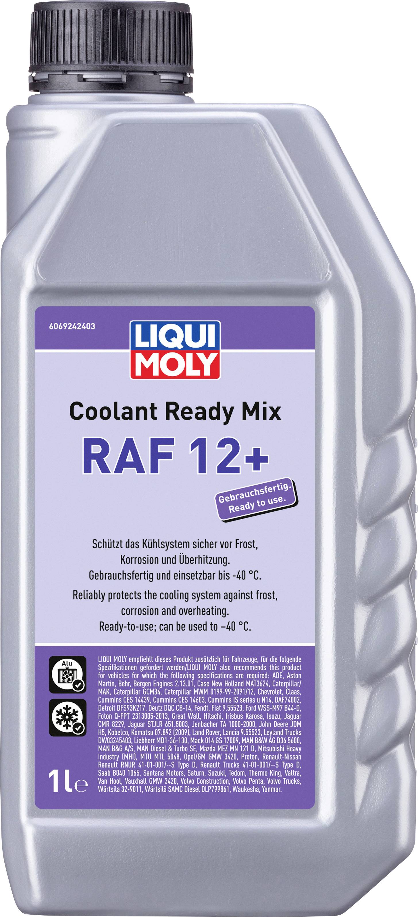 Eine silberne Flasche mit Etikett 'LIQUI MOLY Coolant Ready Mix RAF 12+', schützt Kühlsystem vor Frost, Korrosion; 1 Liter Inhalt.