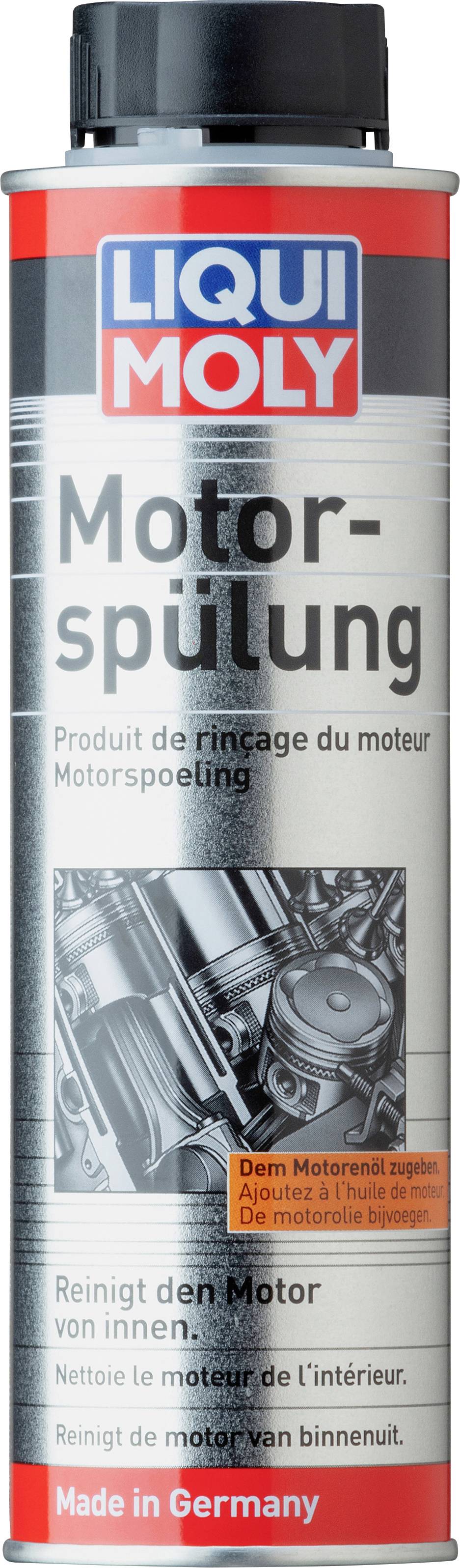 Dose eines Motorreinigungsprodukts von Liqui Moly, beschriftet mit 'Motorspülung'. Reinigungshinweise und 'Made in Germany' angegeben.