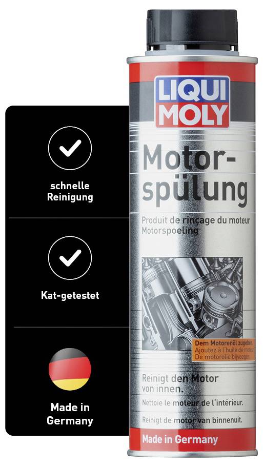 Eine Dose Liqui Moly Motorspülung, bewirbt schnelle Reinigung, kat-getestet mit deutscher Flagge und Text 'Made in Germany'.