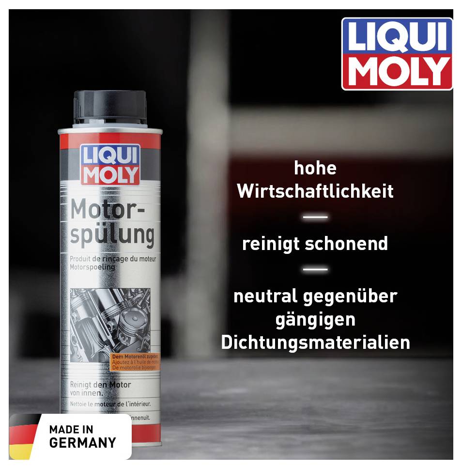 Bild zeigt eine Dose 'Liqui Moly Motorspülung' mit Eigenschaften: hohe Wirtschaftlichkeit, reinigt schonend, neutral gegenüber Dichtungsmaterialien. Links daneben das Logo 'Made in Germany'.