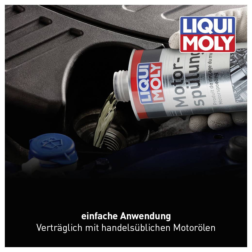 Ölzusatz von LIQUI MOLY wird in den Motor eingefüllt. Text: 'einfache Anwendung, Verträglich mit handelsüblichen Motorölen'.
