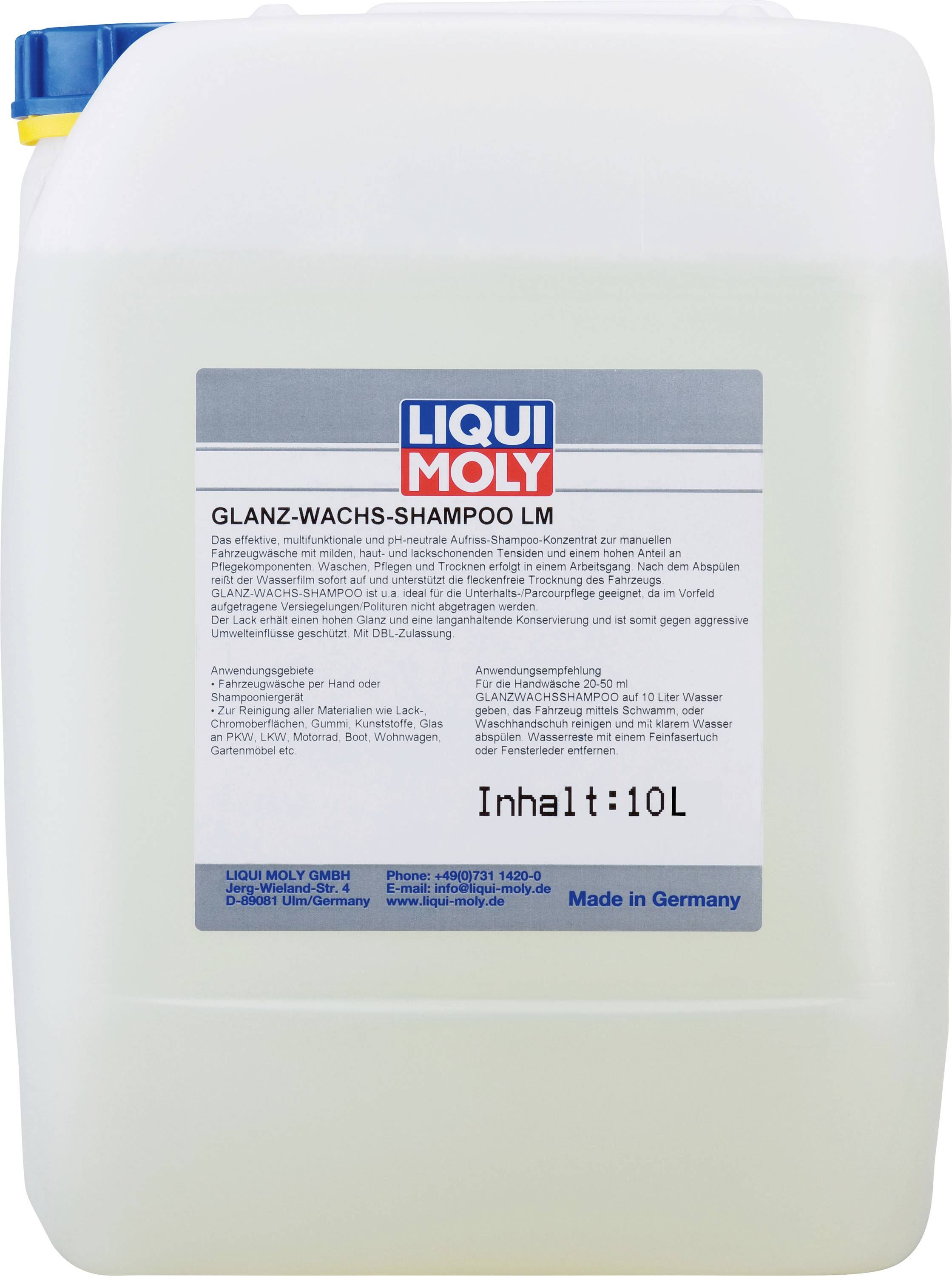 Ein 10-Liter-Kanister Liqui Moly Glanz-Wachs-Shampoo, ideal zur Autowäsche. Etikett enthält Inhalts- und Anwendungshinweise.