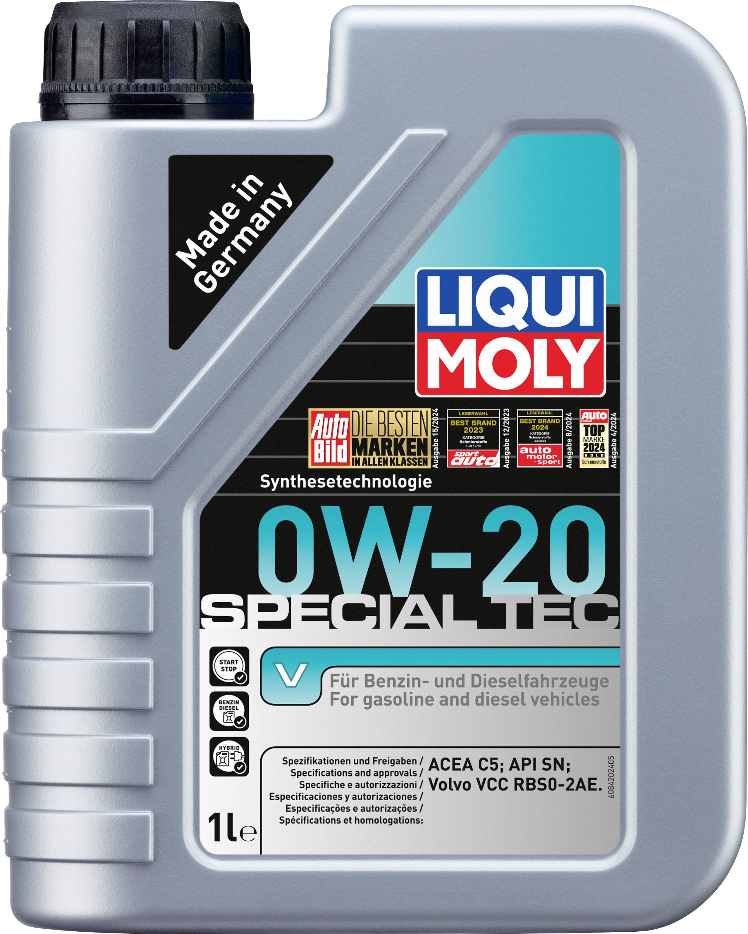 Motorölkanister mit dem Aufdruck 'LIQUI MOLY 0W-20 SPECIAL TEC'. Geeignet für Benzin- und Dieselfahrzeuge, 1 Liter, hergestellt in Deutschland.