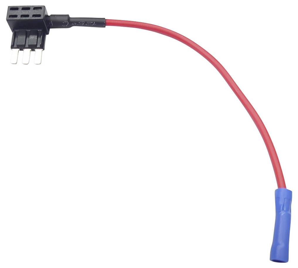 Ein rotes Kabel mit blauer Isolierung an einem Ende und einem schwarzen dreipoligen Anschluss am anderen Ende.