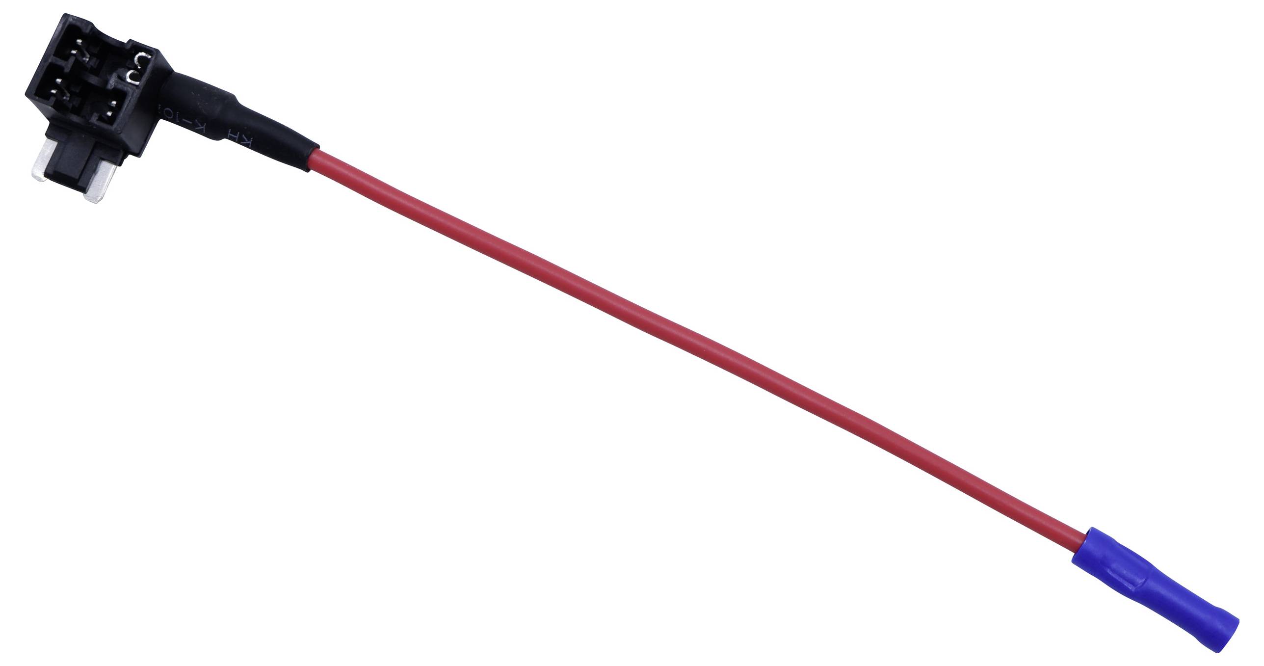 Rotes Kabel mit schwarzem Stecker an einem Ende und blauem Verbinder am anderen Ende. Elektrisches Anschlusskabel.