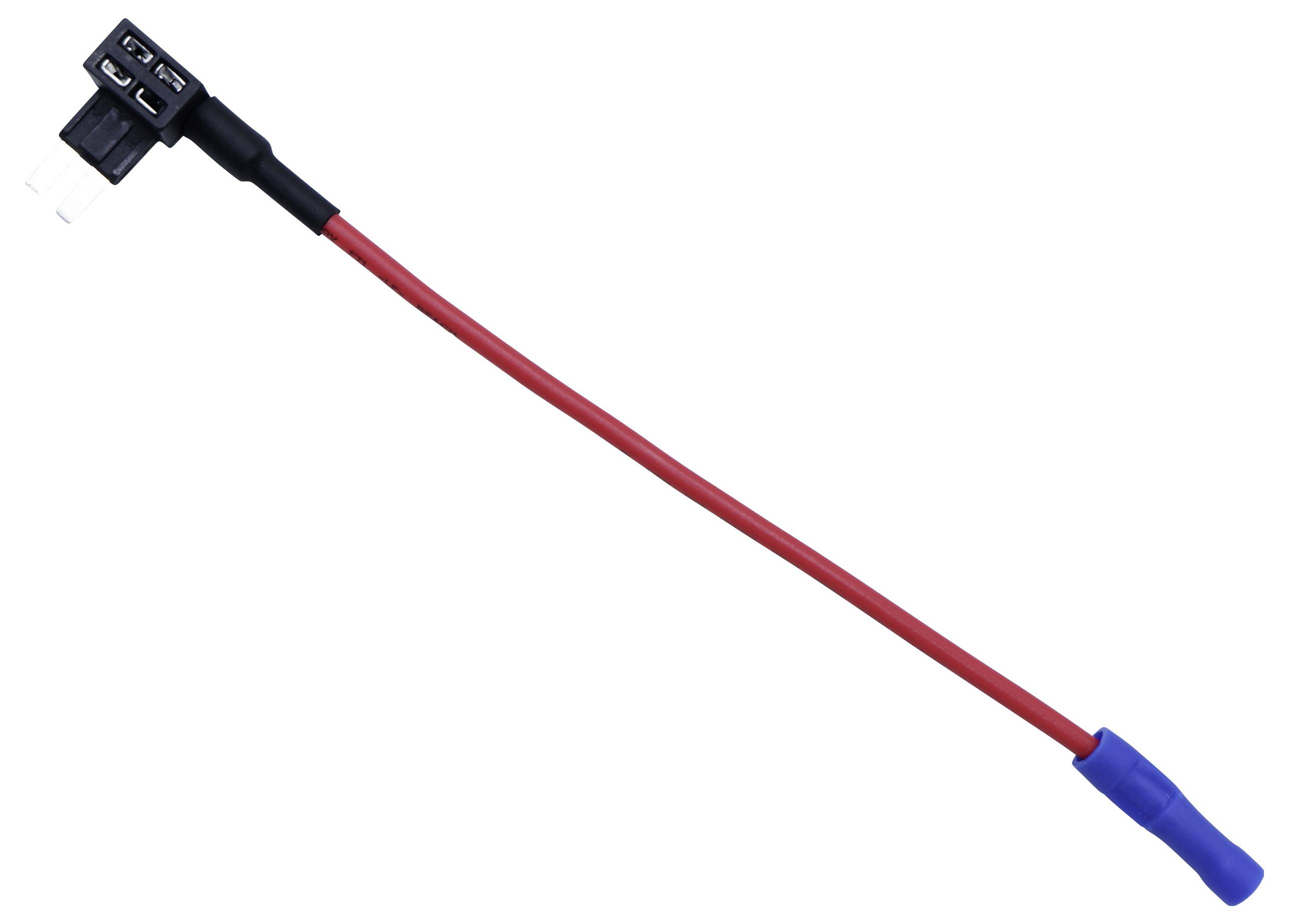 Ein rotes Kabel mit einem Sicherungshalter und Sicherung am einen Ende, auf einem weißen Hintergrund.