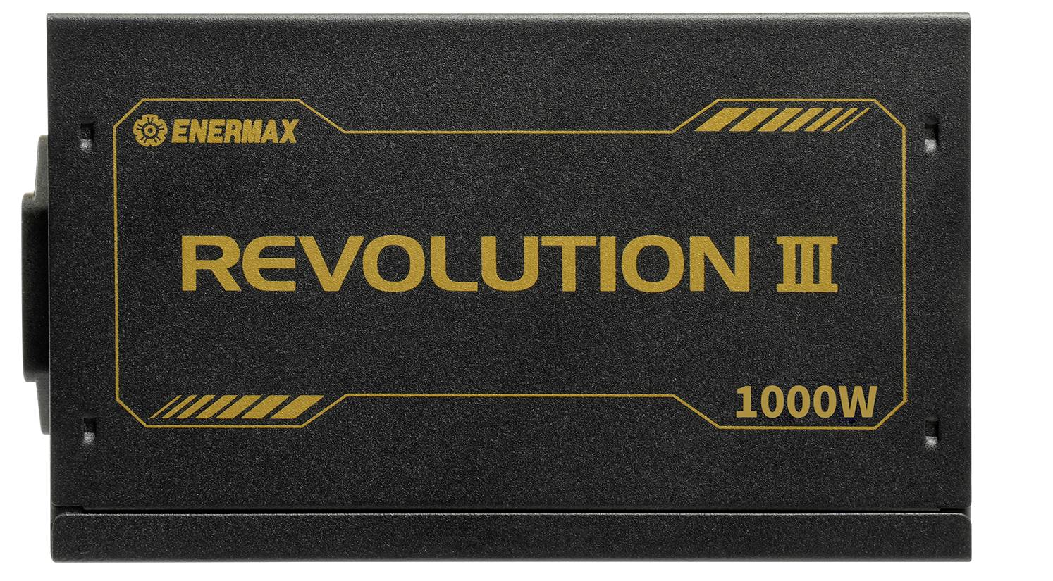 Netzteil mit der Aufschrift 'Revolution III 1000W' von Enermax, schwarz mit gelben Details.