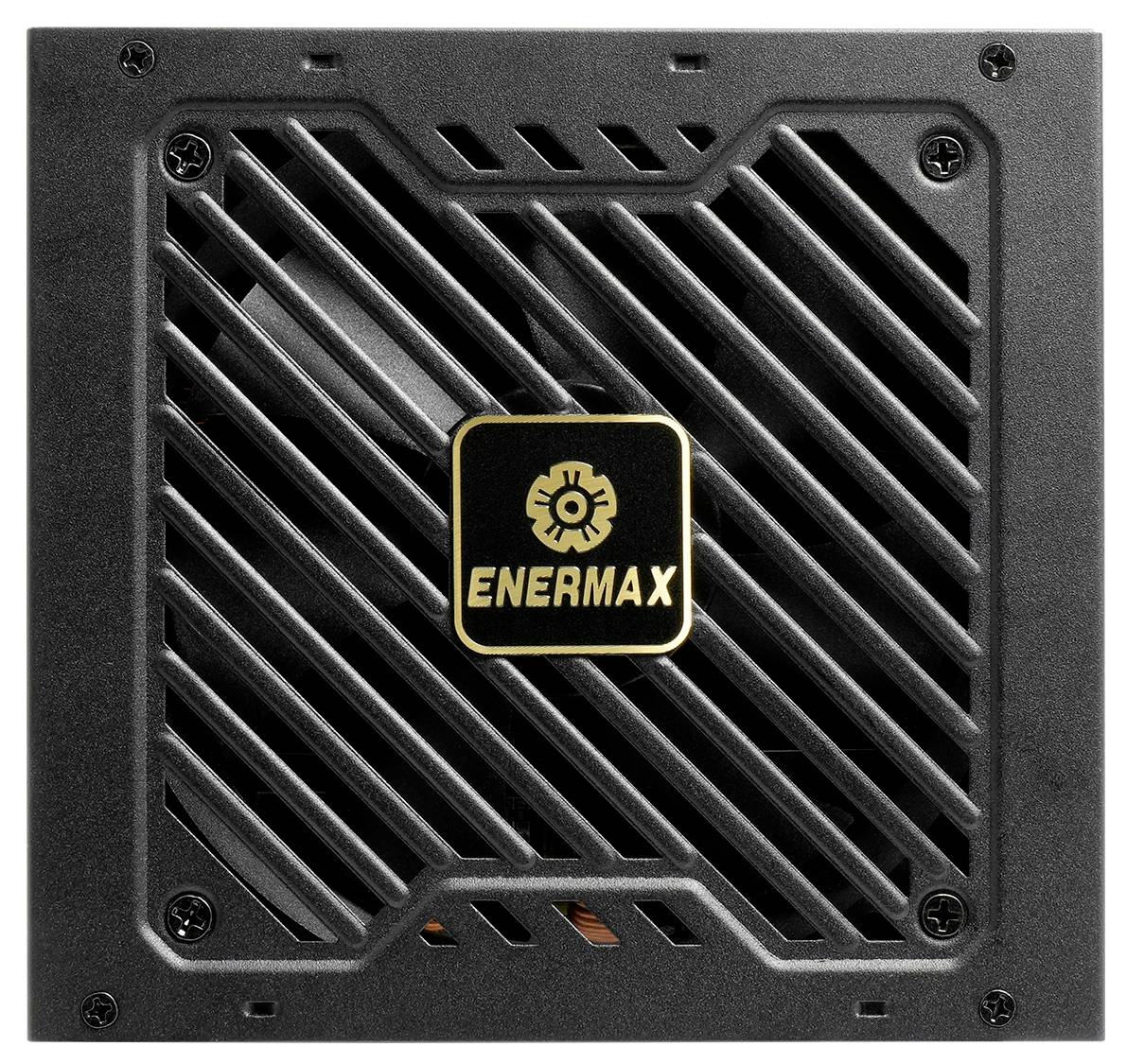 Computernetzteil von Enermax mit schwarzem Gitterdesign und goldfarbenem Logo in der Mitte.