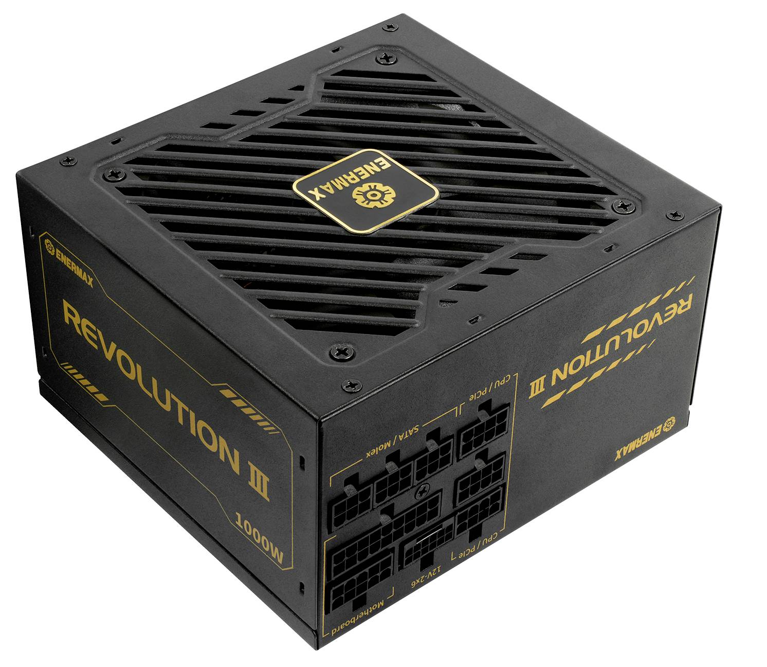 Netzteil 'Revolution III' von Enermax, 1000W, mit modularem Kabelsystem und Lüftungsschlitzen auf der Oberseite.