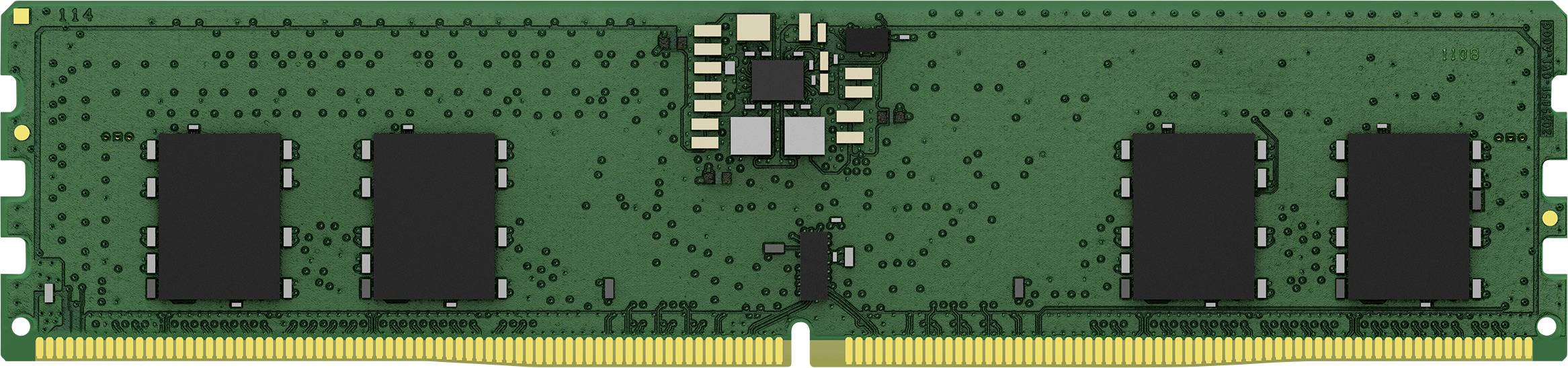 Ein grüner RAM-Speicherriegel mit mehreren schwarzen Speicherchips und goldenen Anschlusskontakten unten.