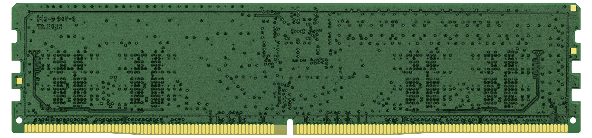 Ein grüner RAM-Riegel, verwendet als flüchtiger Speicher in Computern, mit sichtbaren goldenen Kontaktstiften am unteren Rand.