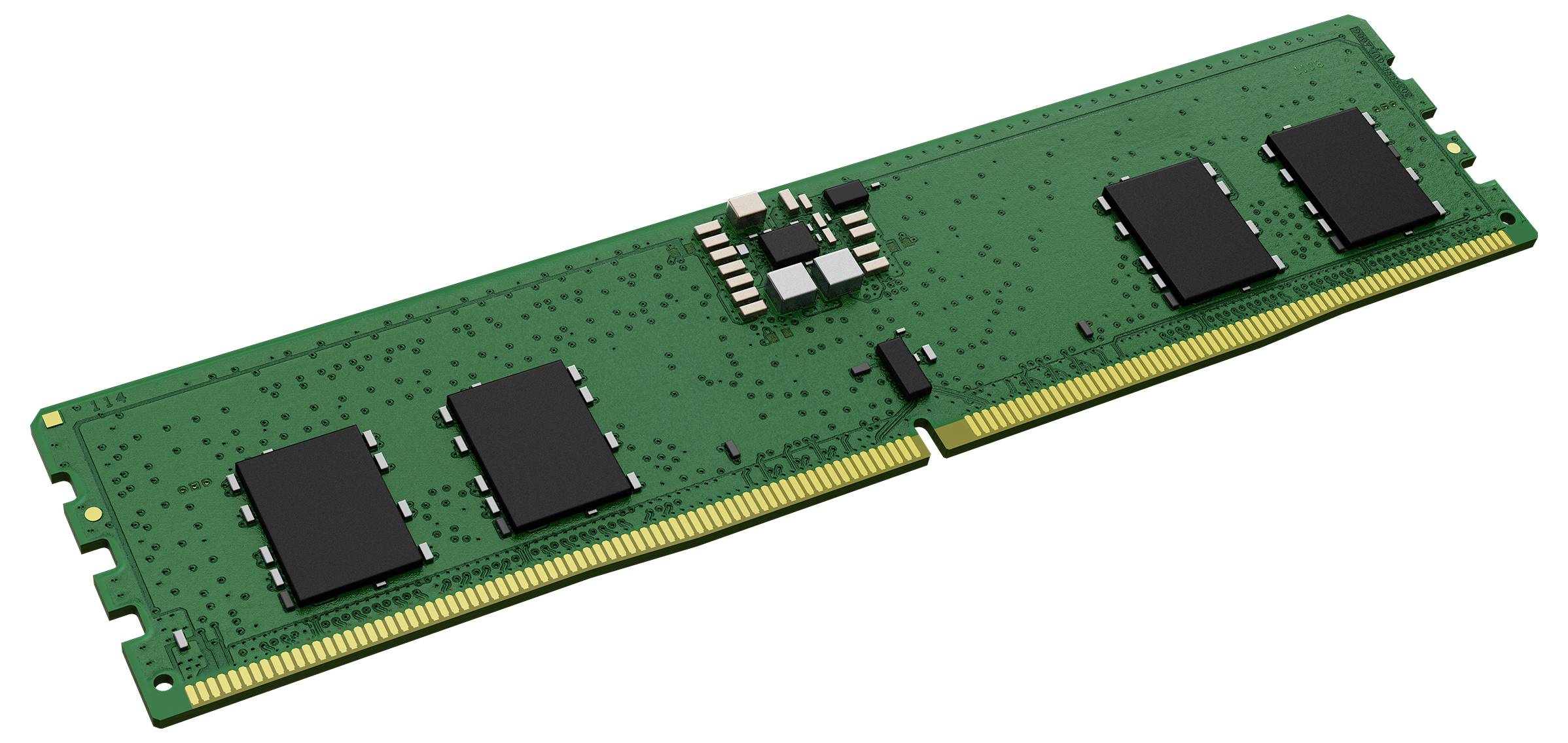 Ein grüner RAM-Speicherriegel mit schwarzen Speicherchips und goldenen Kontakten wird diagonal gezeigt. Technische Computerkomponente.