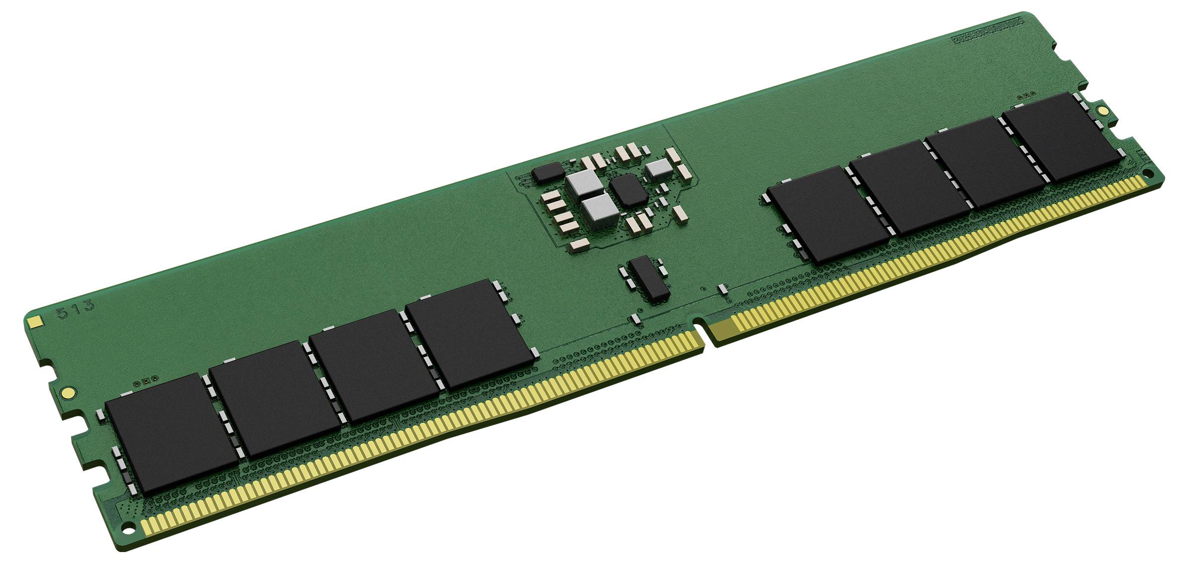 Grüner RAM-Riegel mit schwarzen Speicherchips und goldenen Kontakten, typische PC-Komponente zur flüchtigen Datenspeicherung.