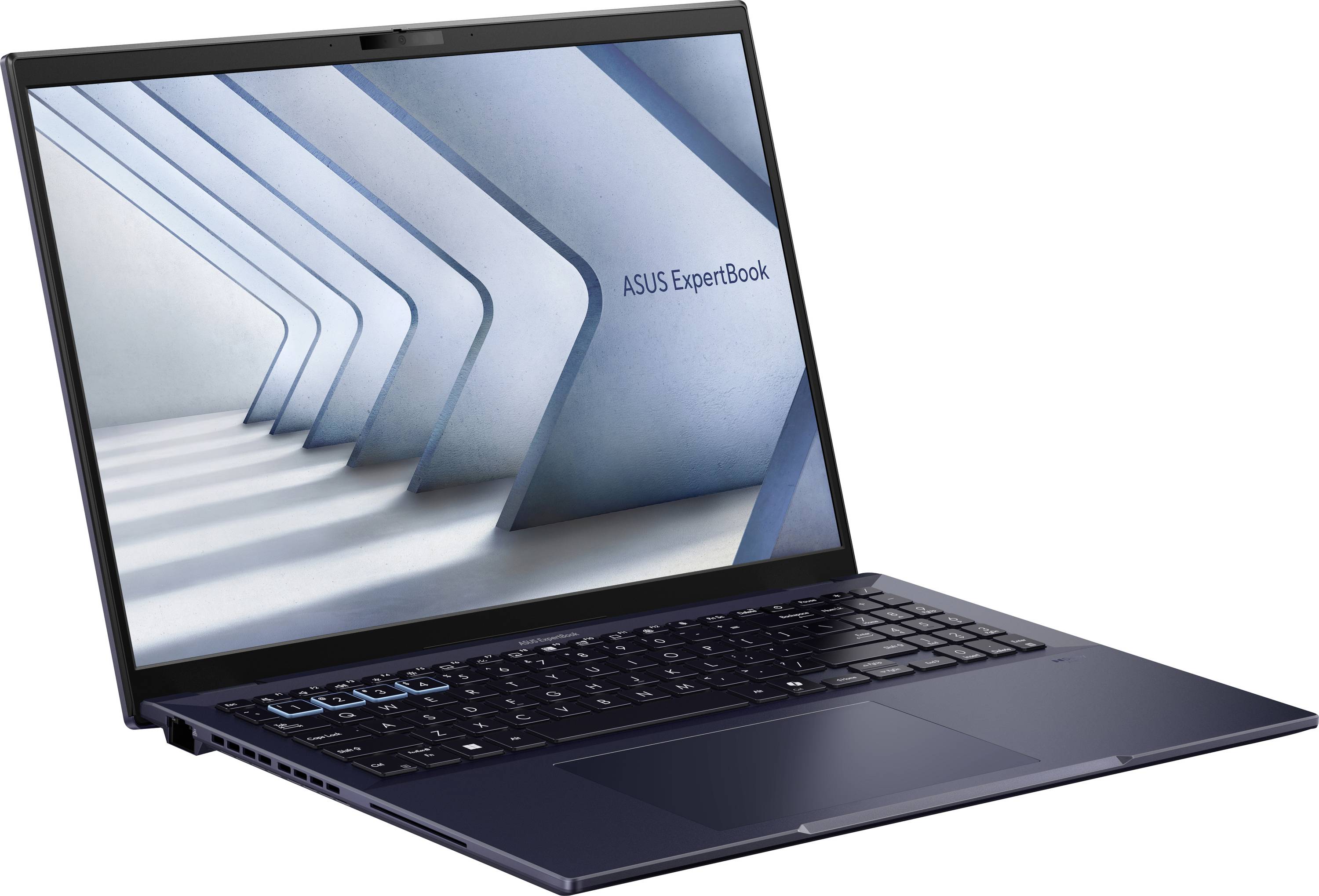 Ein ASUS ExpertBook Laptop mit geöffneter Kappe zeigt ein modernes, futuristisches Hintergrundbild auf dem Bildschirm.