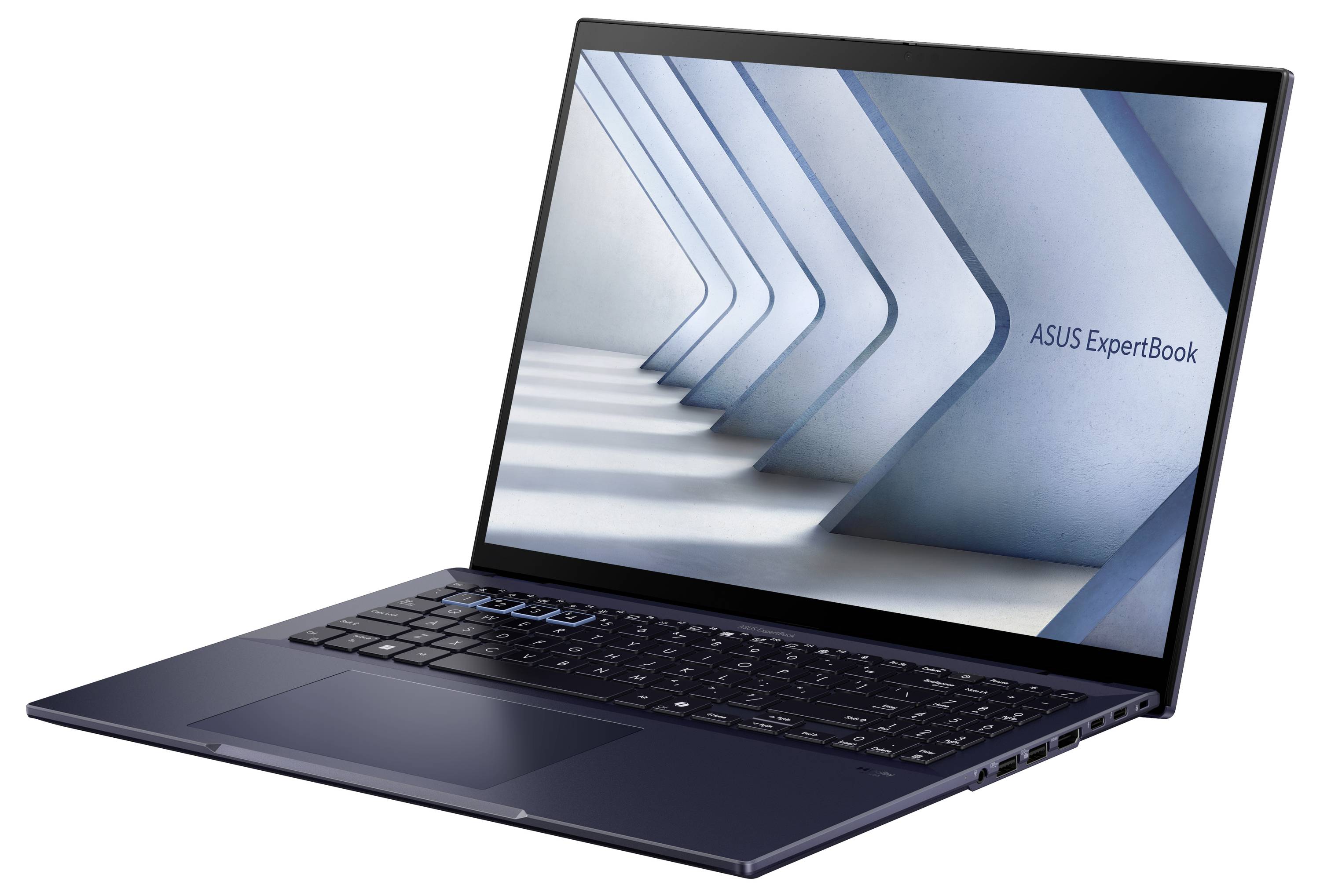Ein Laptop mit eingeschaltetem Bildschirm, der die Aufschrift 'ASUS ExpertBook' zeigt. Das Design beinhaltet diagonale Linien.