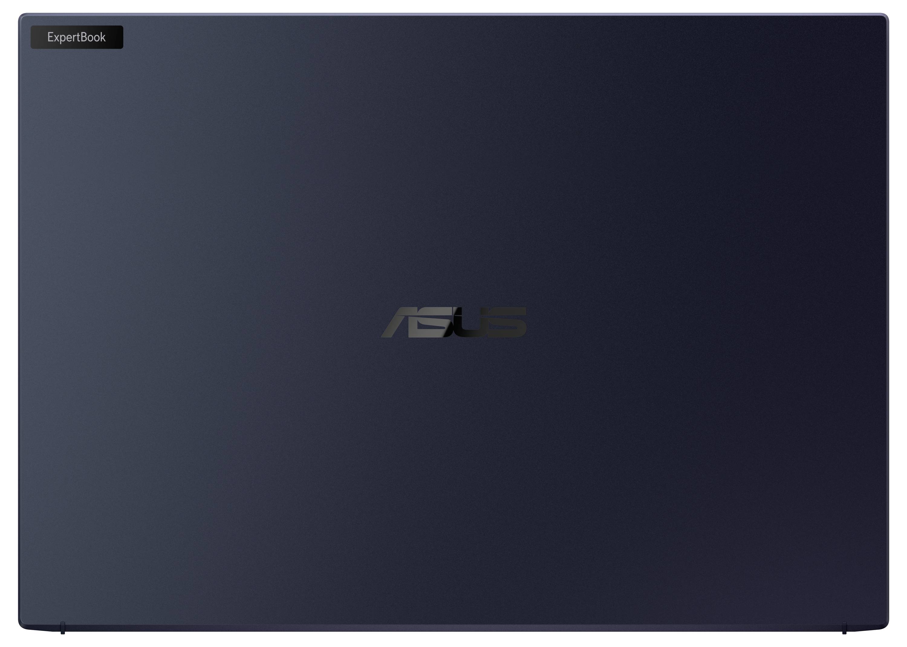 Ein geschlossenes ASUS ExpertBook-Notebook in dunkler Farbe, von oben gesehen.