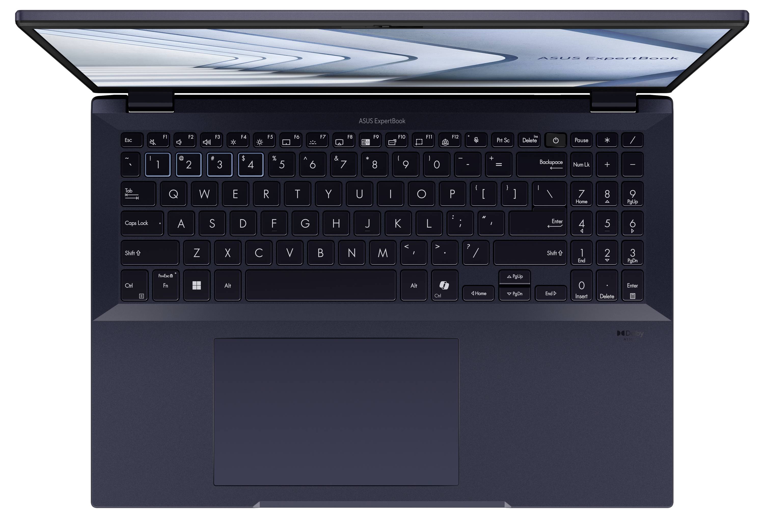 Ein Laptop mit einer beleuchteten Tastatur. Der Bildschirm zeigt geöffnete Fenster. Das Design ist schlank und modern.