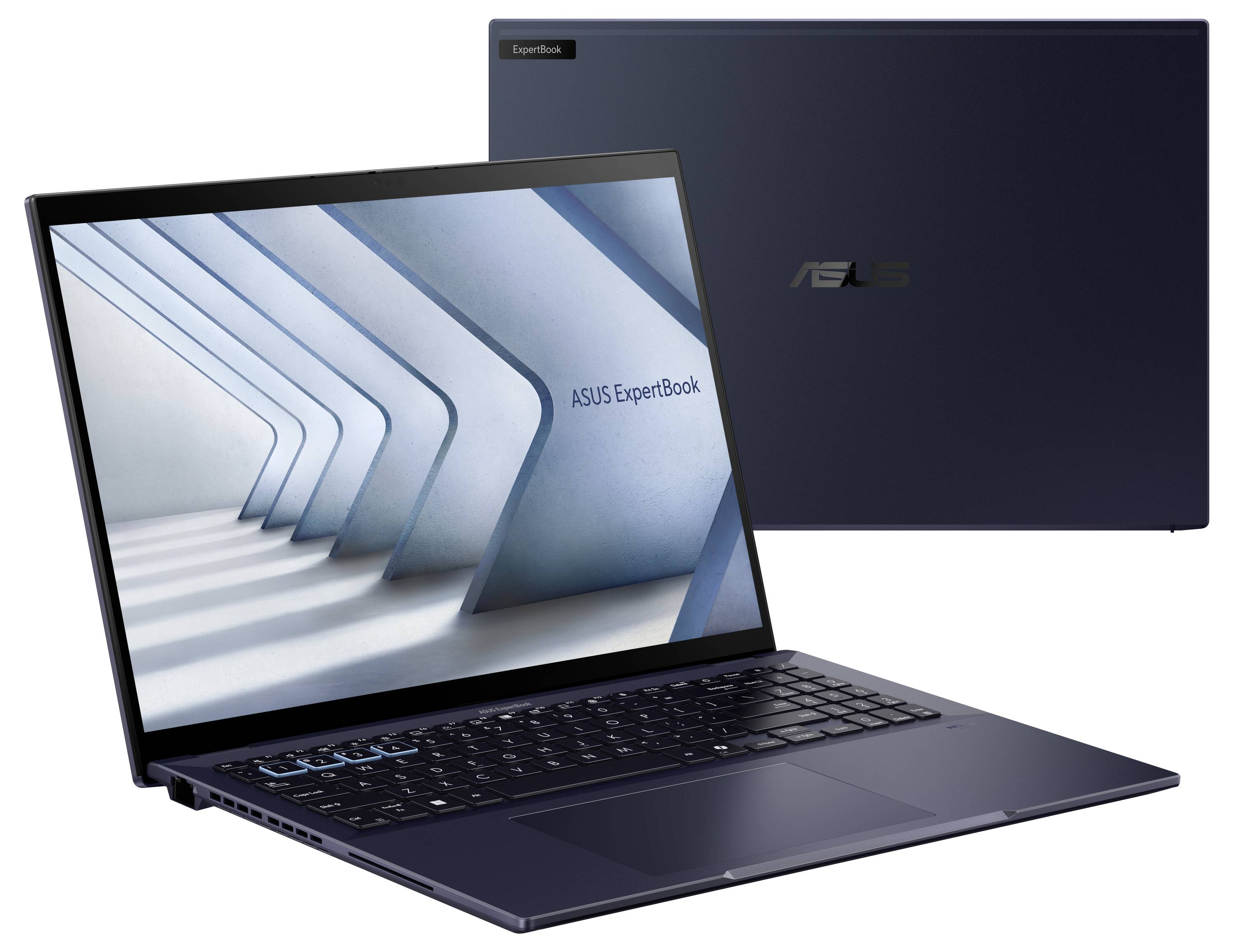 Laptop ASUS ExpertBook, geöffnet und geschlossen. Schlankes, elegantes Design, dunkle Farbe, das Display zeigt architektonische Strukturen.