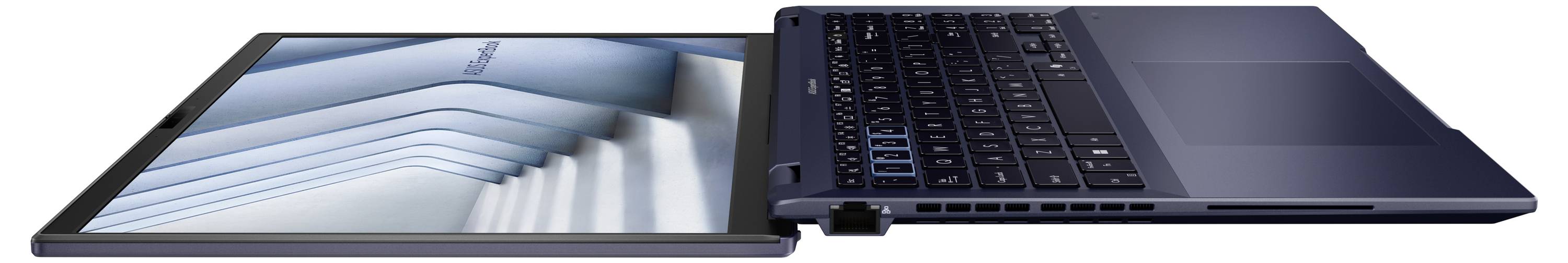 Ein Laptop mit einem um 180 Grad flach geklappten Bildschirm und angezeigtem architektonischen Muster.