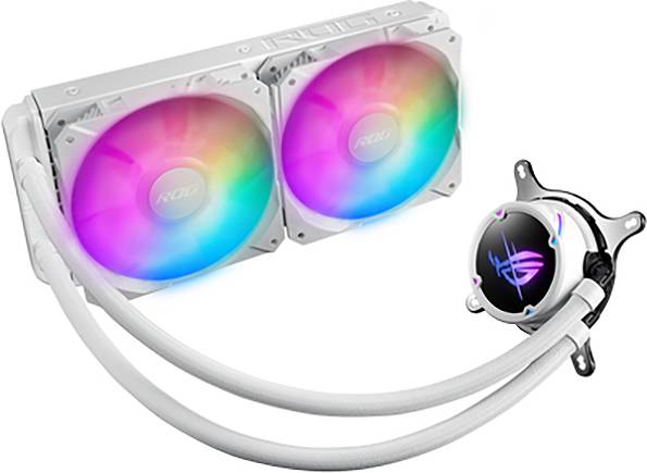 Zwei computergesteuerte LED-Lüfter in einem weißen Kühlsystem, die in verschiedenen Farben leuchten, verbunden durch Schläuche.