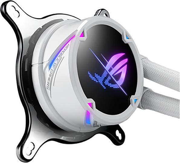 Ein weißer, runder Computer-Kühler mit buntem Logo und leuchtenden Akzenten, befestigt an einer metallischen Halterung.