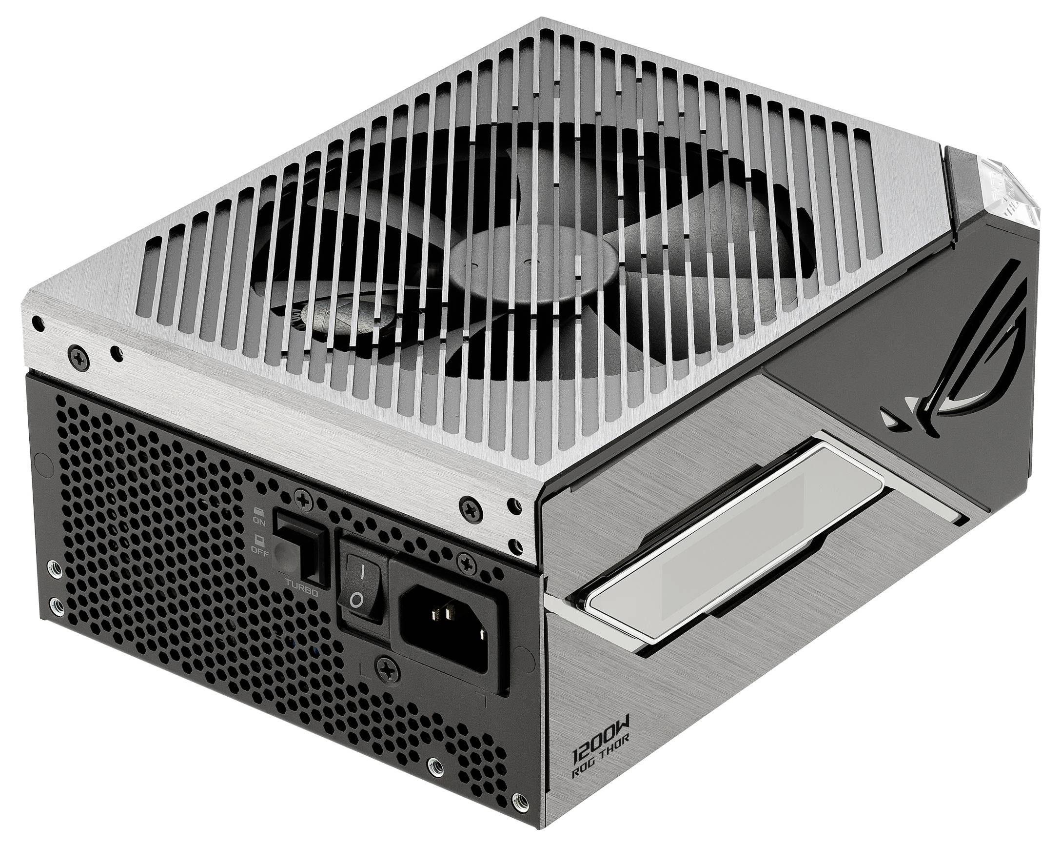 Netzteil im Metallgehäuse mit Lüfter, Anschlüssen und Ein-/Ausschalter. Geeignet zur Stromversorgung von Computern.