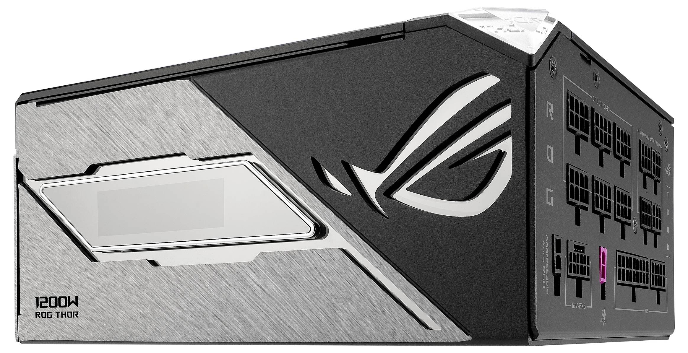 Schwarzes und silbernes PC-Netzteil mit ROG-Logo, mehreren Anschlüssen auf der rechten Seite und stylischem, modernem Design.