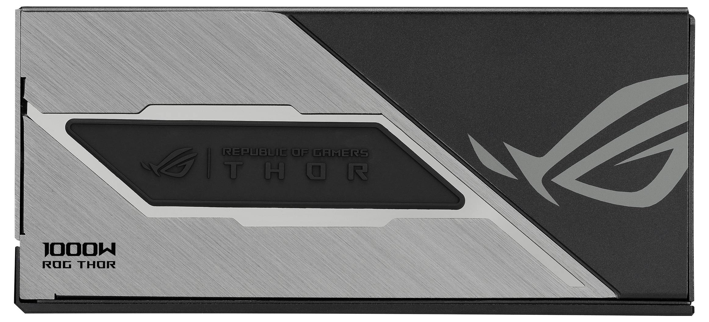 Schwarzes und silbernes Computer-Netzteil mit dem Logo 'ROG Thor'. Die Modellnummer '1000W' ist in der linken unteren Ecke sichtbar.