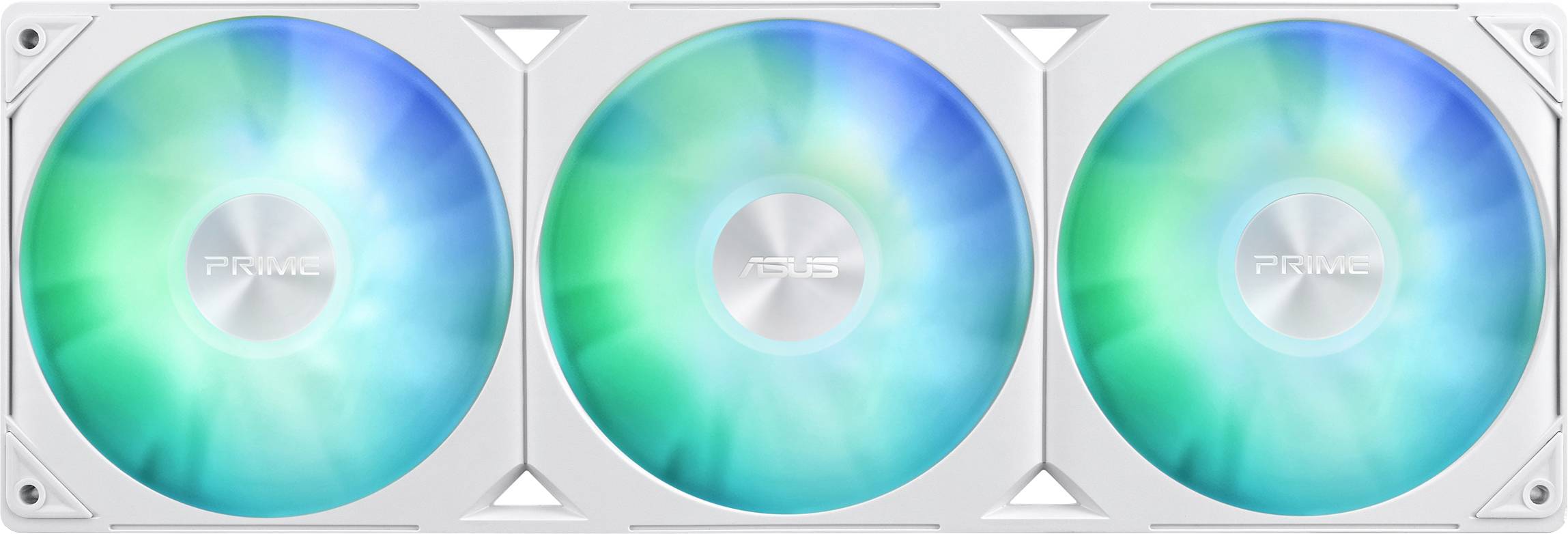 Drei nebeneinanderliegende Computerlüfter mit weißem Gehäuse und leuchtenden LED-Leuchten in Blau- und Grüntönen.