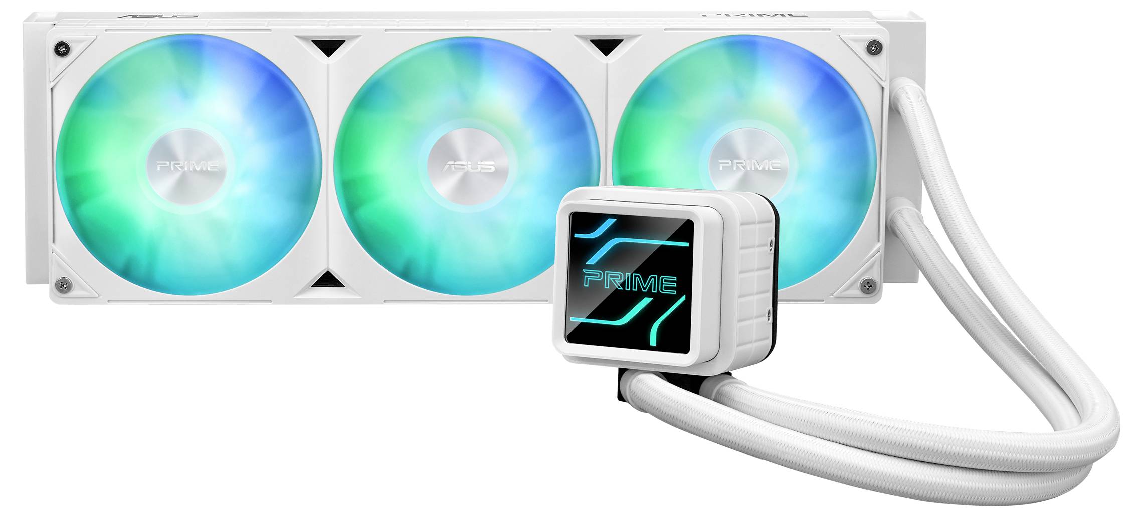 Weiße PC-Wasserkühlung mit drei leuchtenden Lüftern und einer Pumpe mit 'Prime'-Schriftzug.