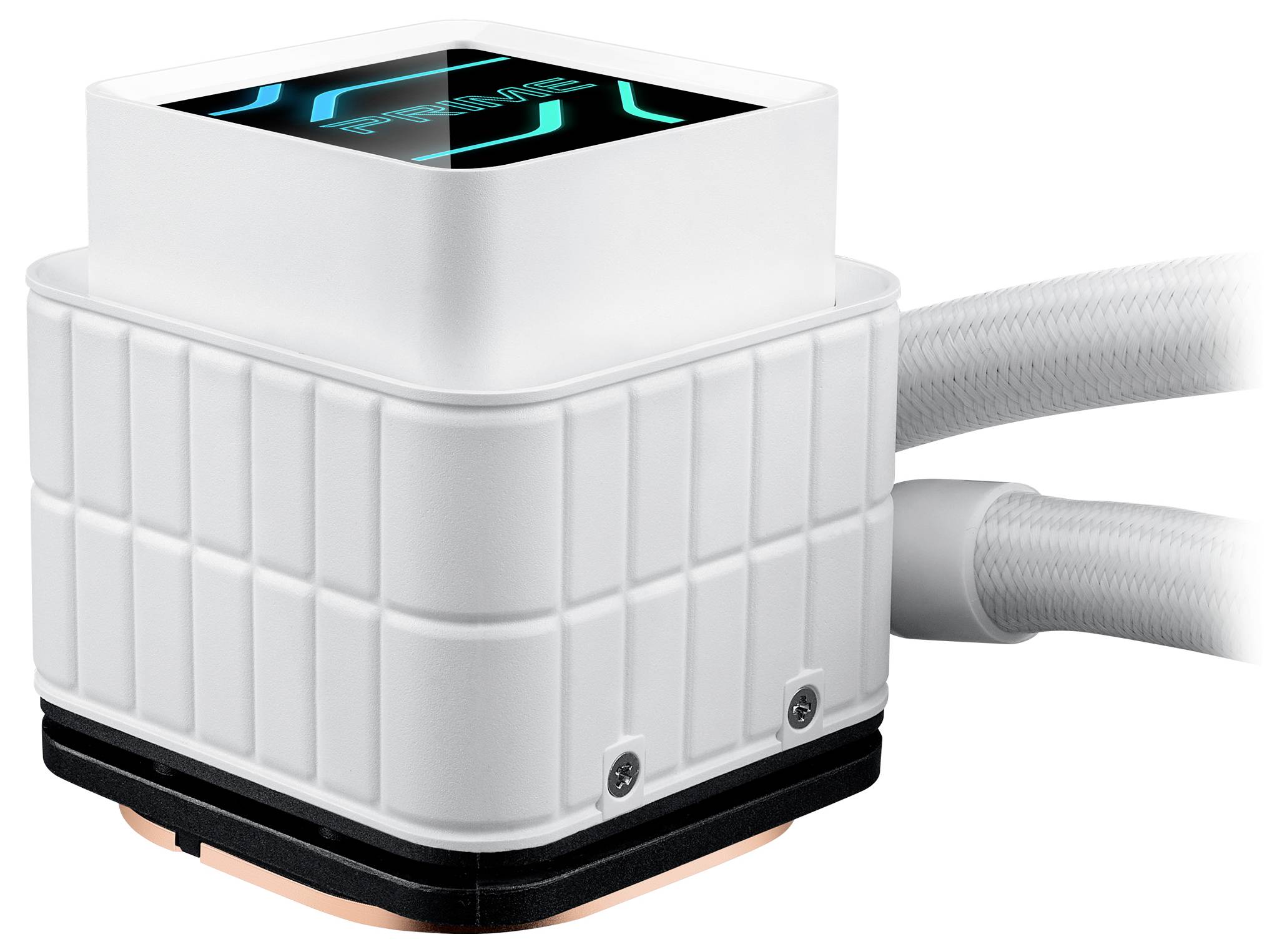 Weiße CPU-Kühlungseinheit mit schwarzem Oberteil und blauem Logo. Verbundene weiße Schläuche für Flüssigkeitskühlungssystem.