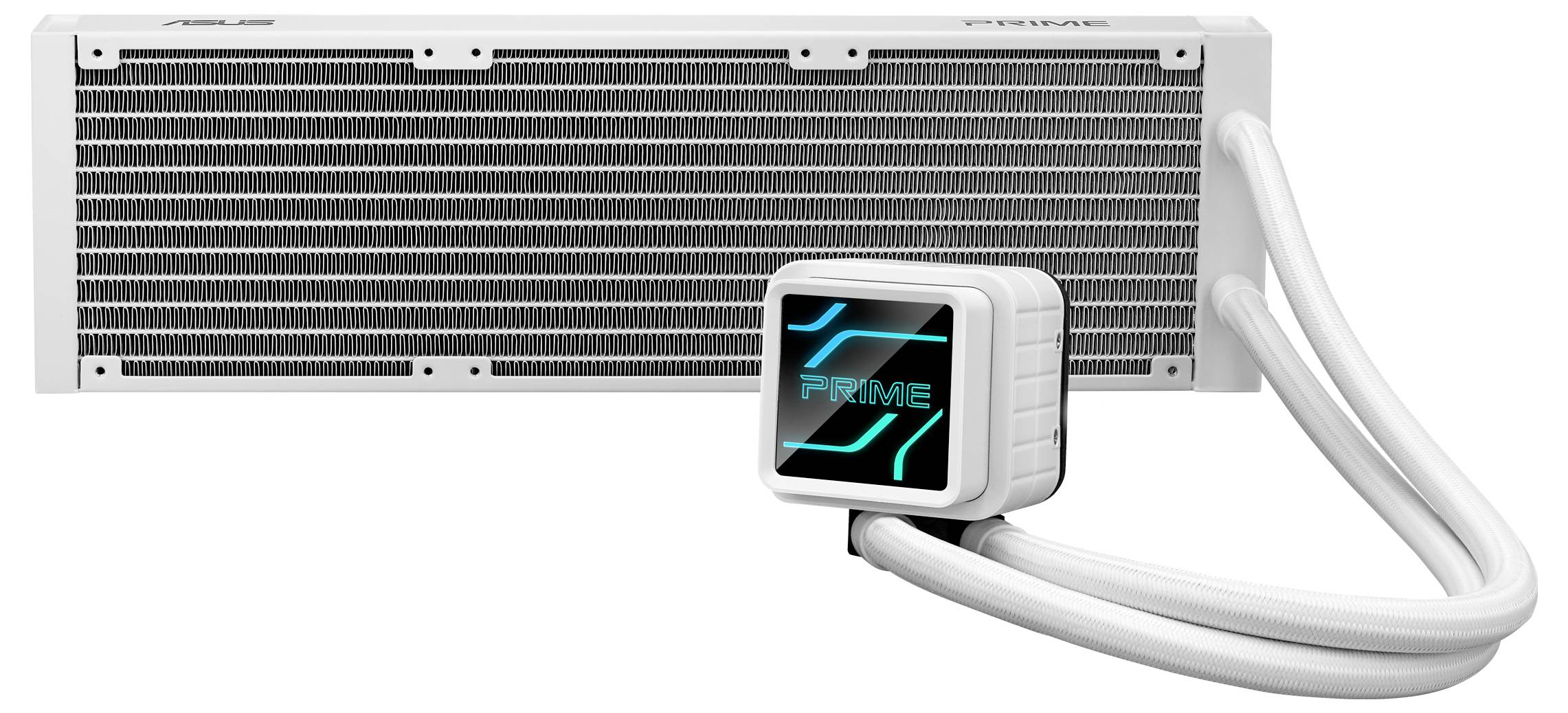 Weißer CPU-Flüssigkeitskühler mit rechteckigem Radiator und beleuchtetem Pumpenblock. 'PRIME' ist auf dem Block zu sehen.
