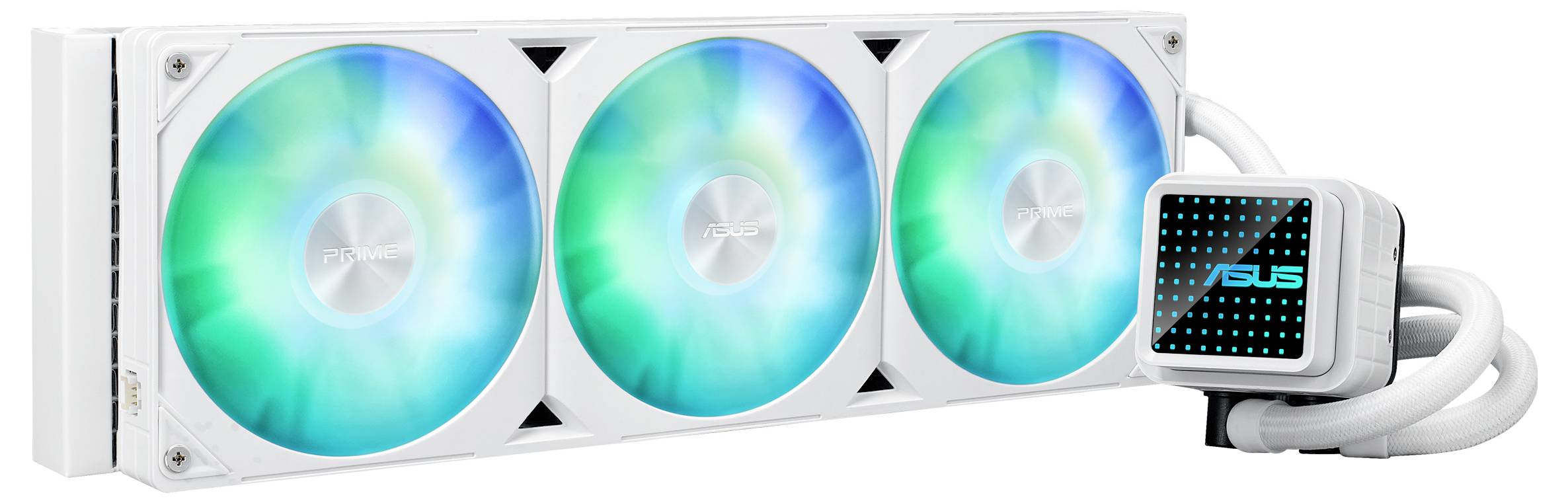 Eine ASUS-Wasserkühlung mit drei beleuchteten Lüftern in Blau-Grün-Tönen, geeignet für den Einsatz in einem Computergehäuse.