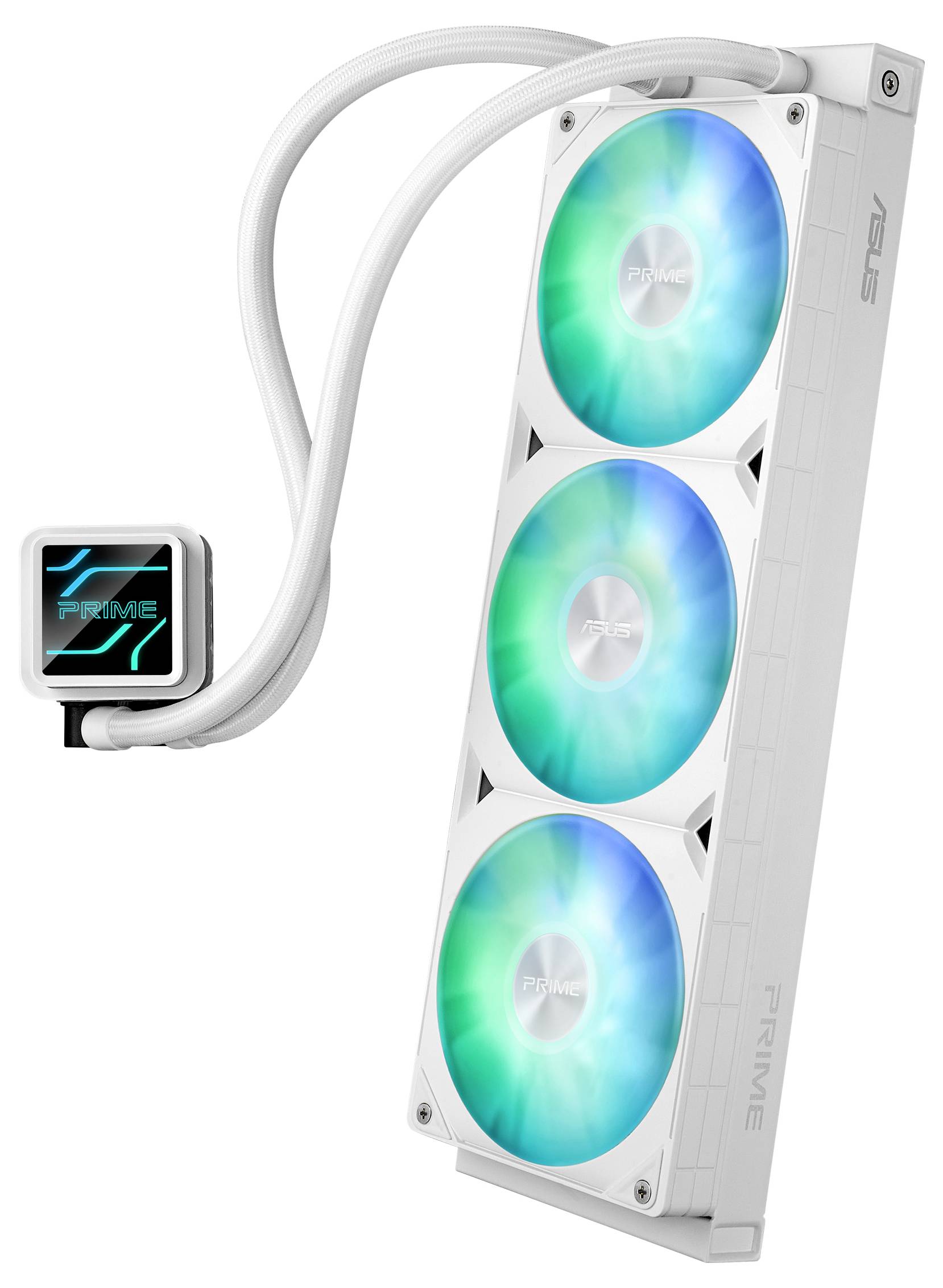 Ein weißer Computer-Kühler mit drei beleuchteten Lüftern und der Aufschrift 'Prime' auf der Pumpe, geeignet für CPUs.