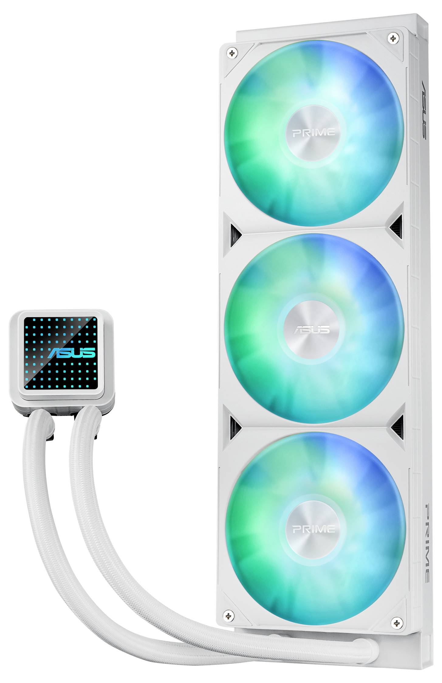 Eine ASUS Wasserkühlungseinheit mit drei leuchtenden Lüftern in Grün und Blau. Schläuche verbinden das Kühlsystem mit der Pumpe.
