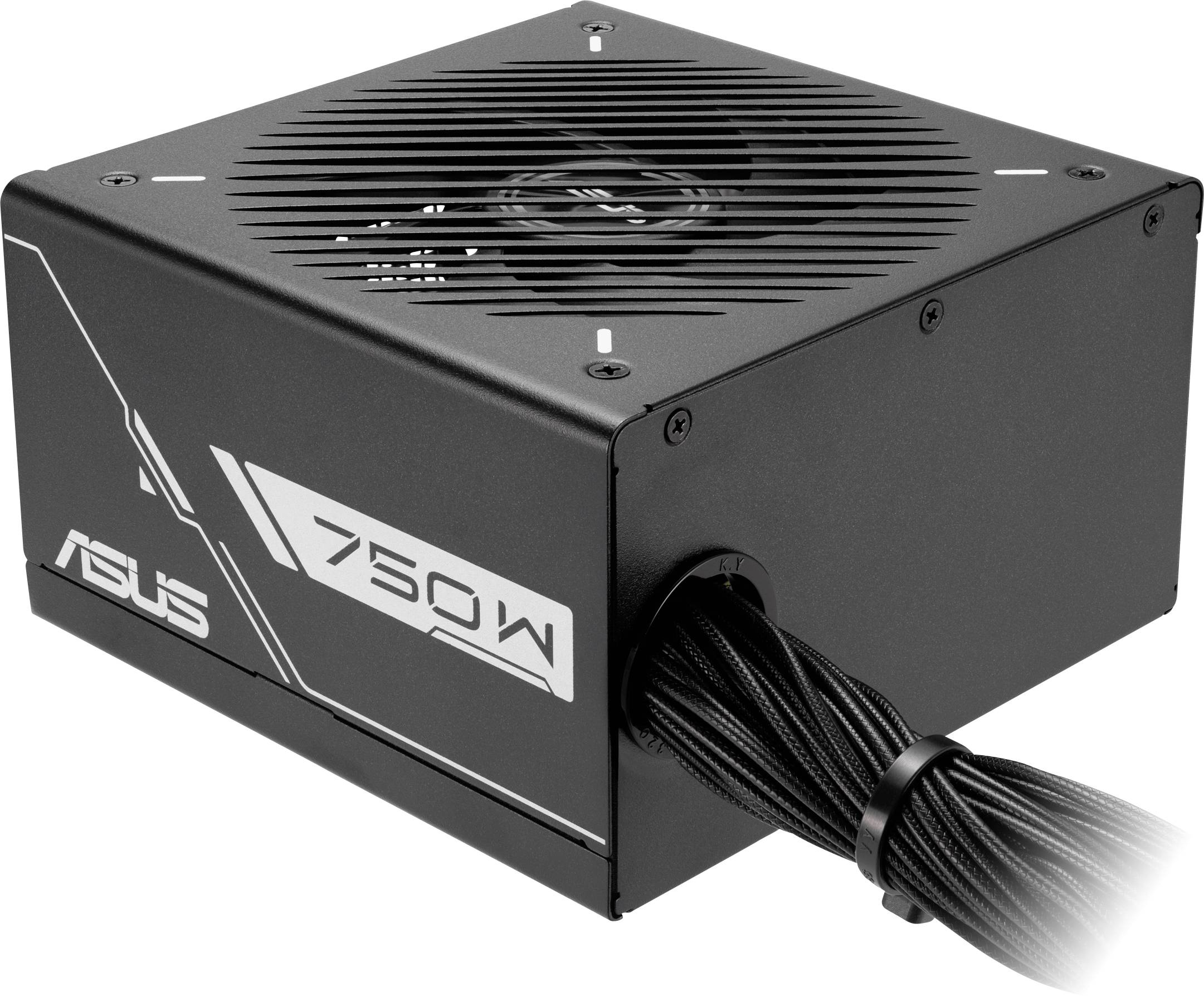 Schwarzes PC-Netzteil mit 750 Watt Leistung von ASUS, Lüftergitter oben, Kabelbündel ragt seitlich heraus.
